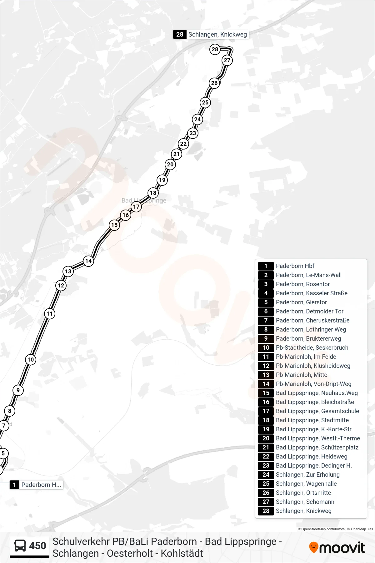 450 bus Line (Schlangen, Knickweg) route and stops on a map