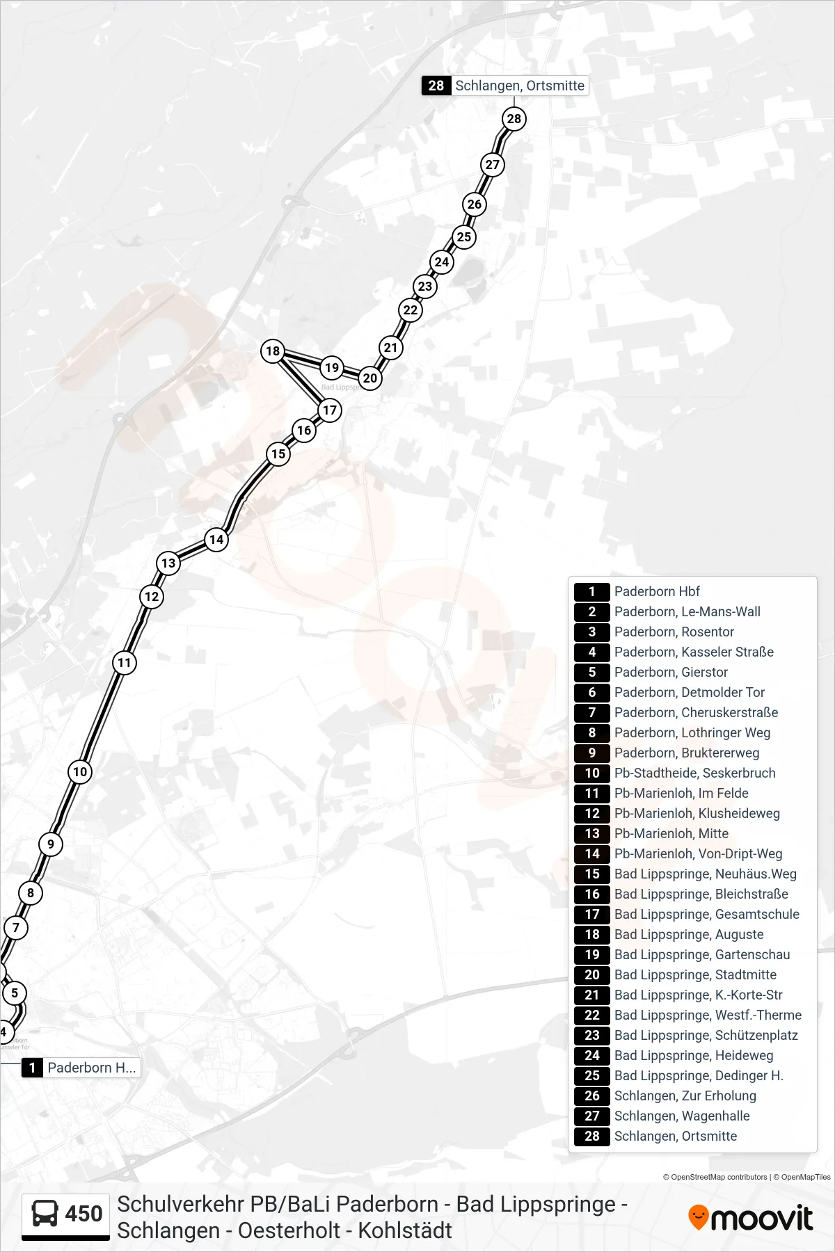 450 bus Line (Schlangen, Ortsmitte) route and stops on a map