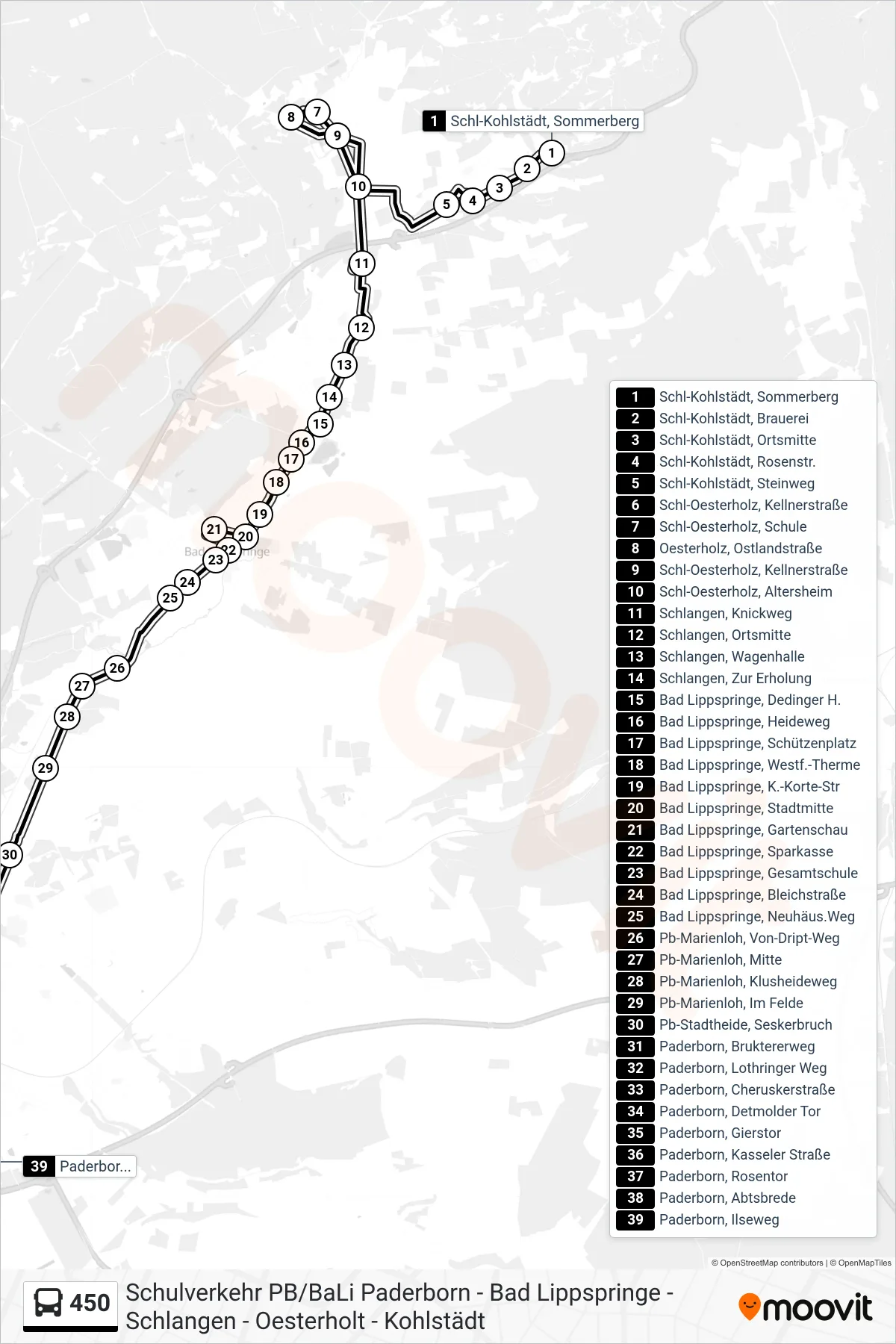 450 bus Line (Paderborn, Ilseweg) route and stops on a map