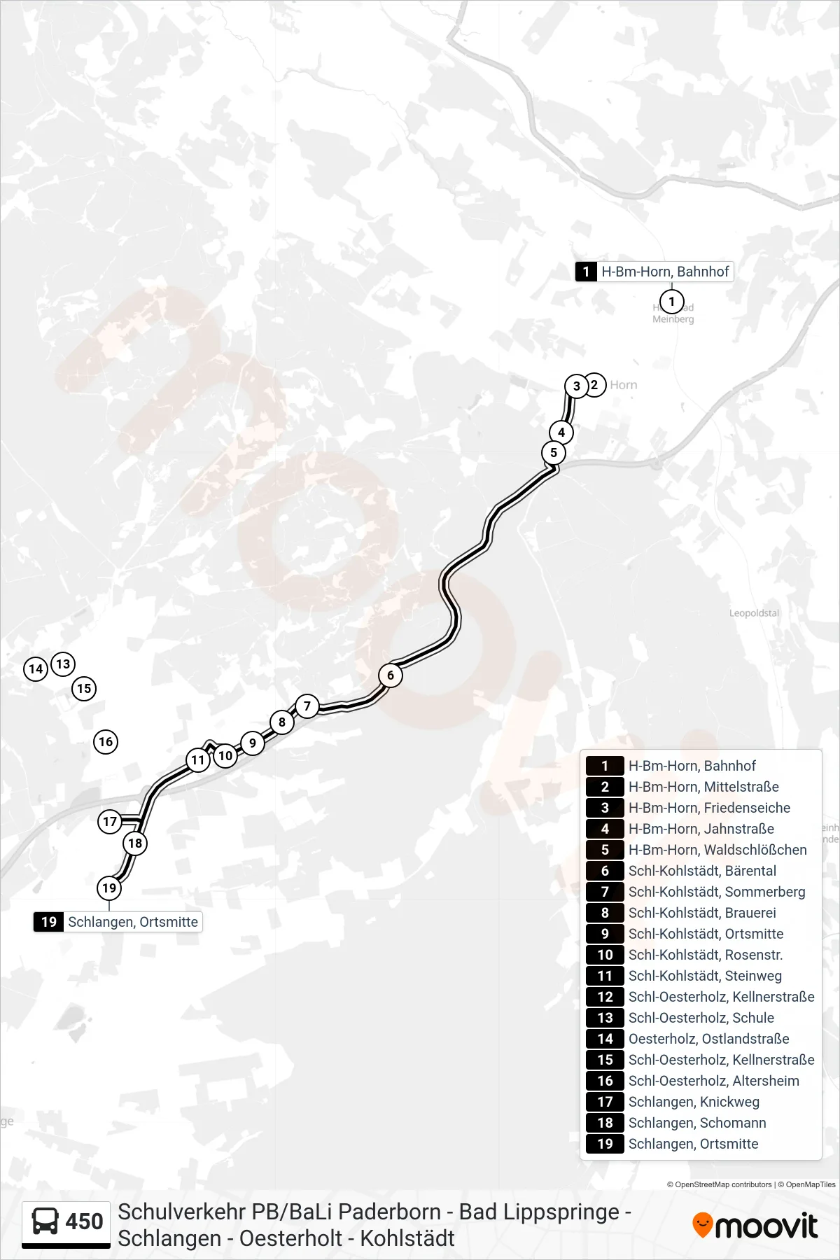 450 bus Line (Schlangen, Ortsmitte) route and stops on a map