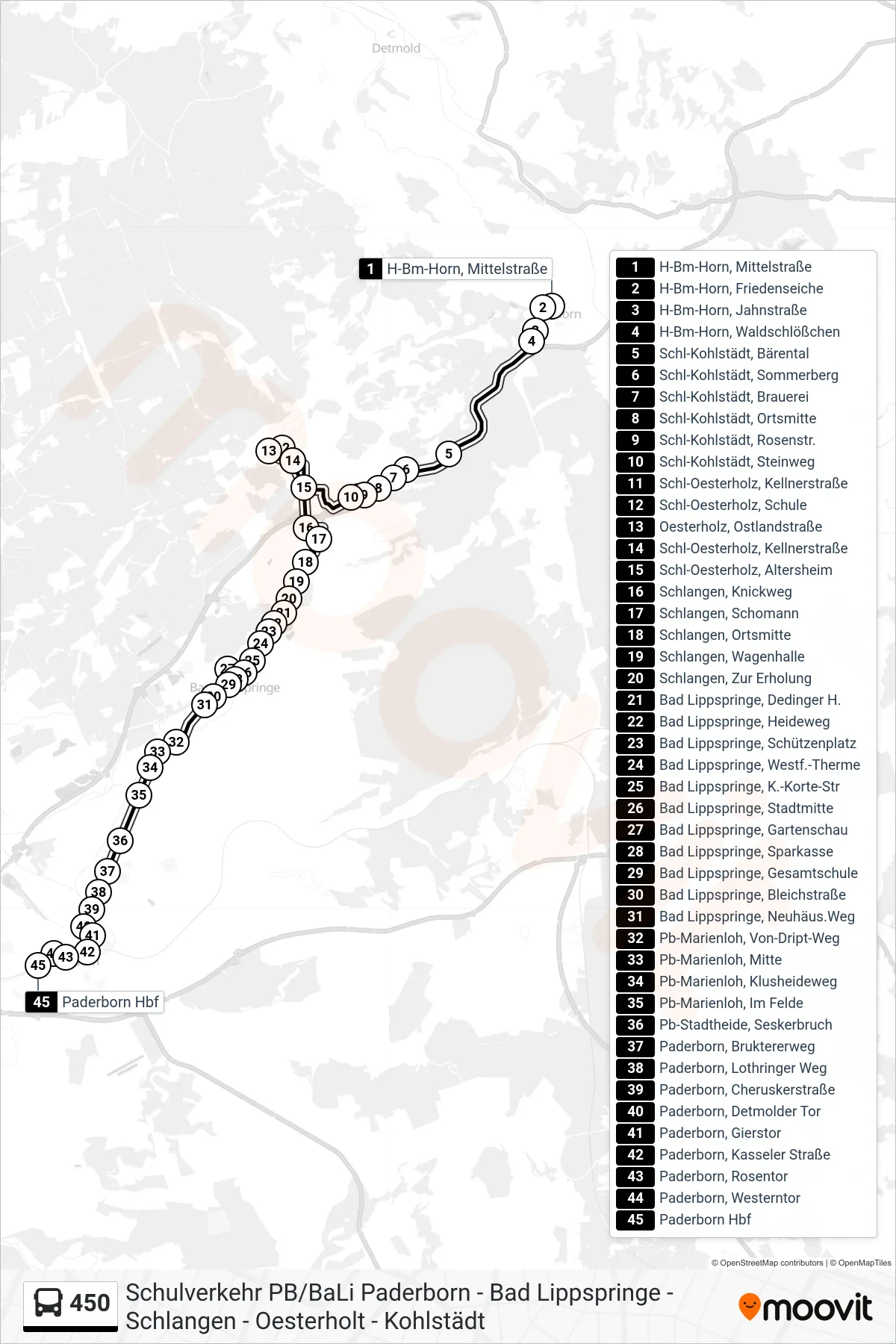 Linie 450 (Bus) Richtung Paderborn Hbf Bstg B: Route und Haltestellen auf der Karte