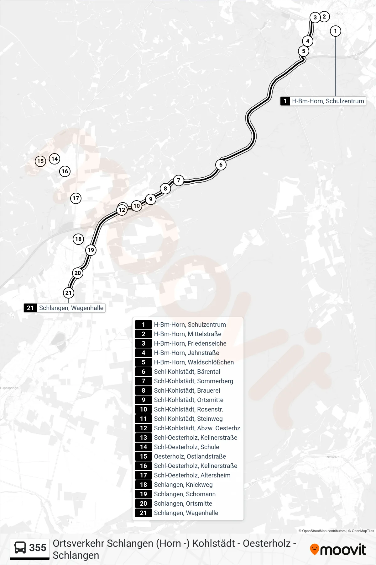 Linie 355 (Bus) Richtung Schlangen, Wagenhalle: Route und Haltestellen auf der Karte
