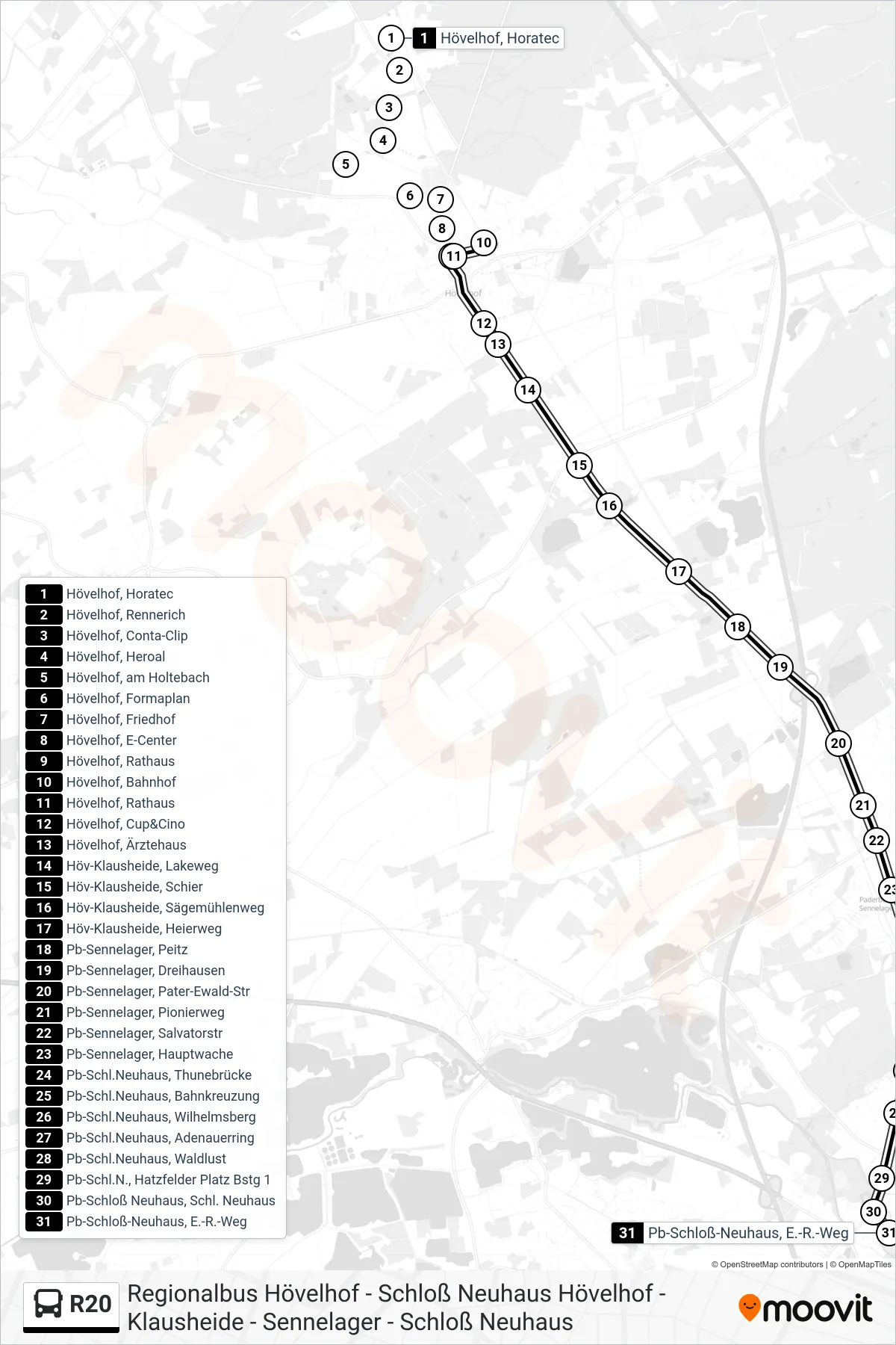 R20 bus Line (Pb-Schloß-Neuhaus, E.-R.-Weg) route and stops on a map
