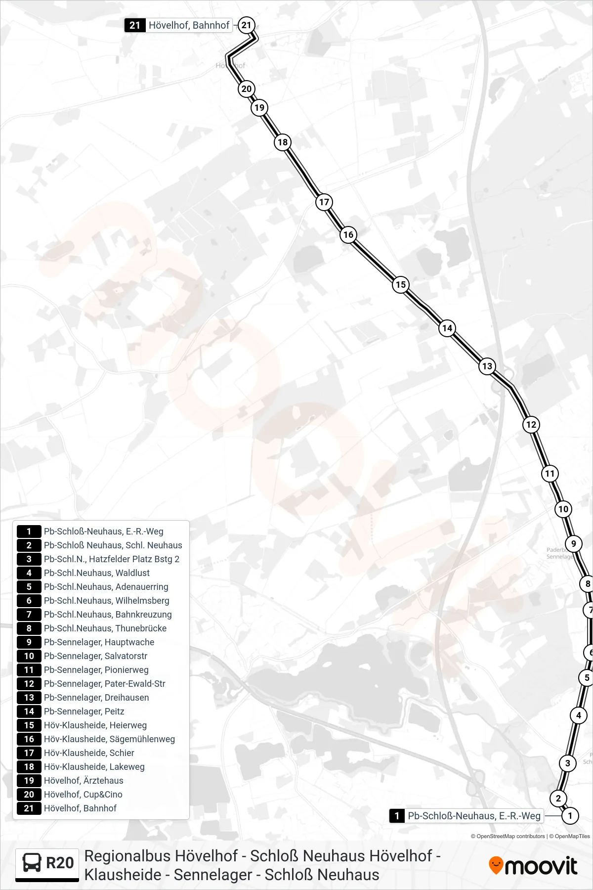 R20 bus Line (Hövelhof, Bahnhof) route and stops on a map