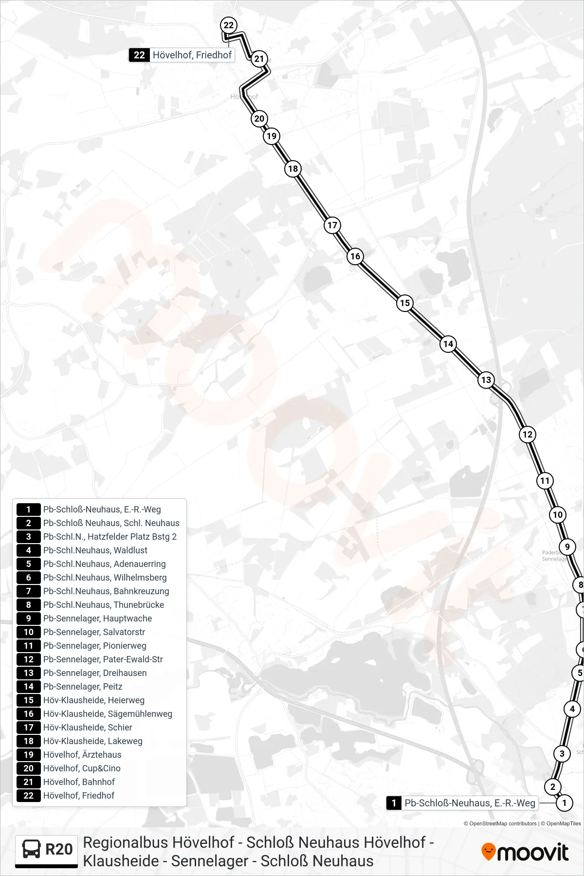 R20 bus Line (Hövelhof, Friedhof) route and stops on a map