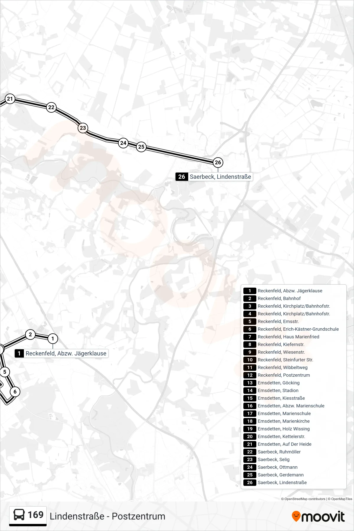 Linie 169 (Bus) Richtung Saerbeck, Lindenstraße Bstg A: Route und Haltestellen auf der Karte