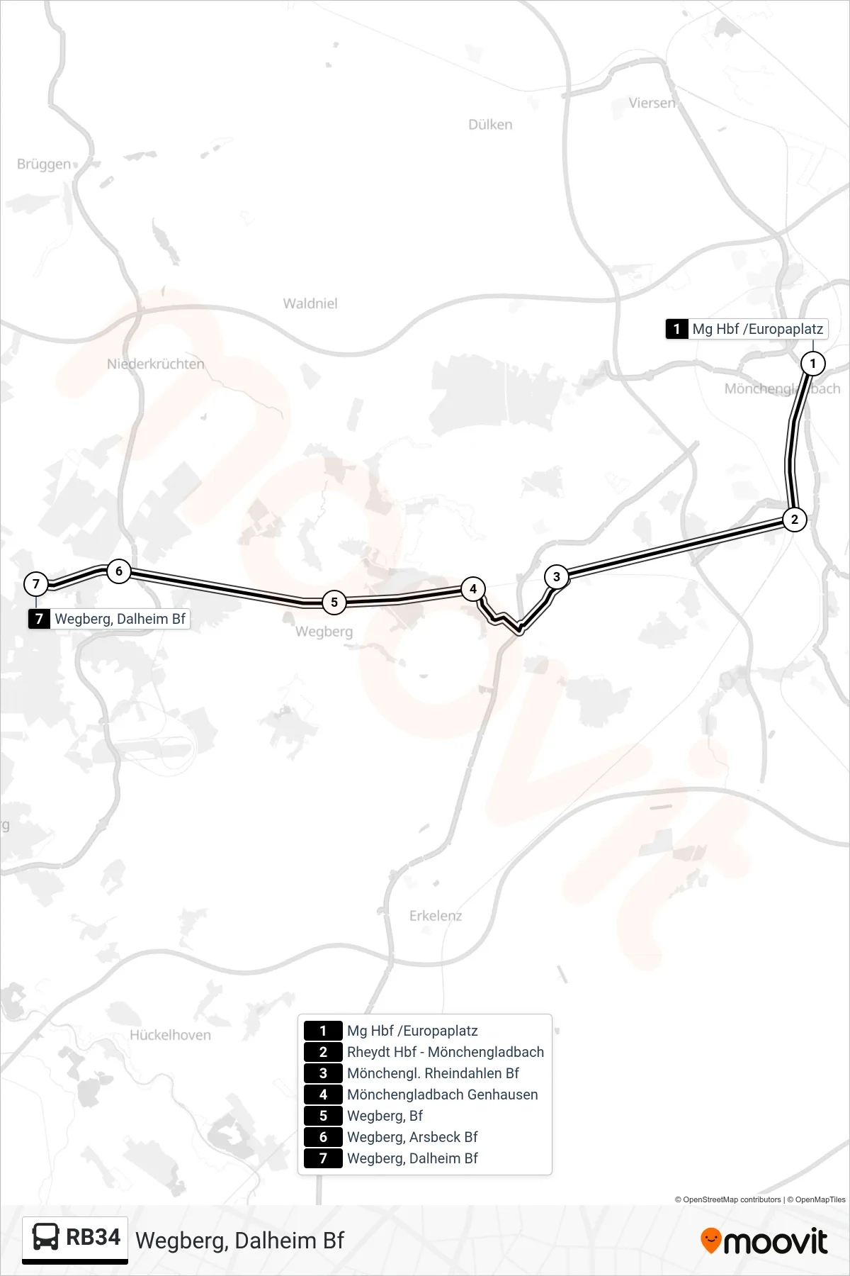 Linie RB34 (Bus) Richtung Wegberg, Dalheim Bf: Route und Haltestellen auf der Karte