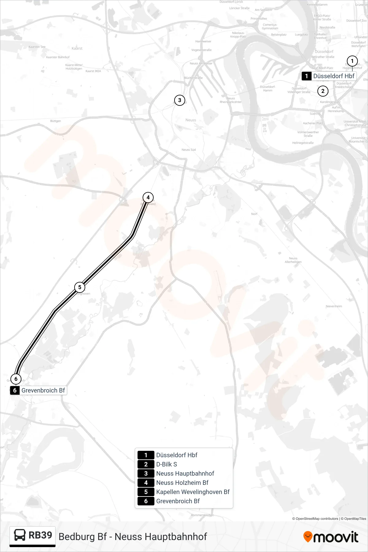 RB39 bus Line (Grevenbroich Bf) route and stops on a map