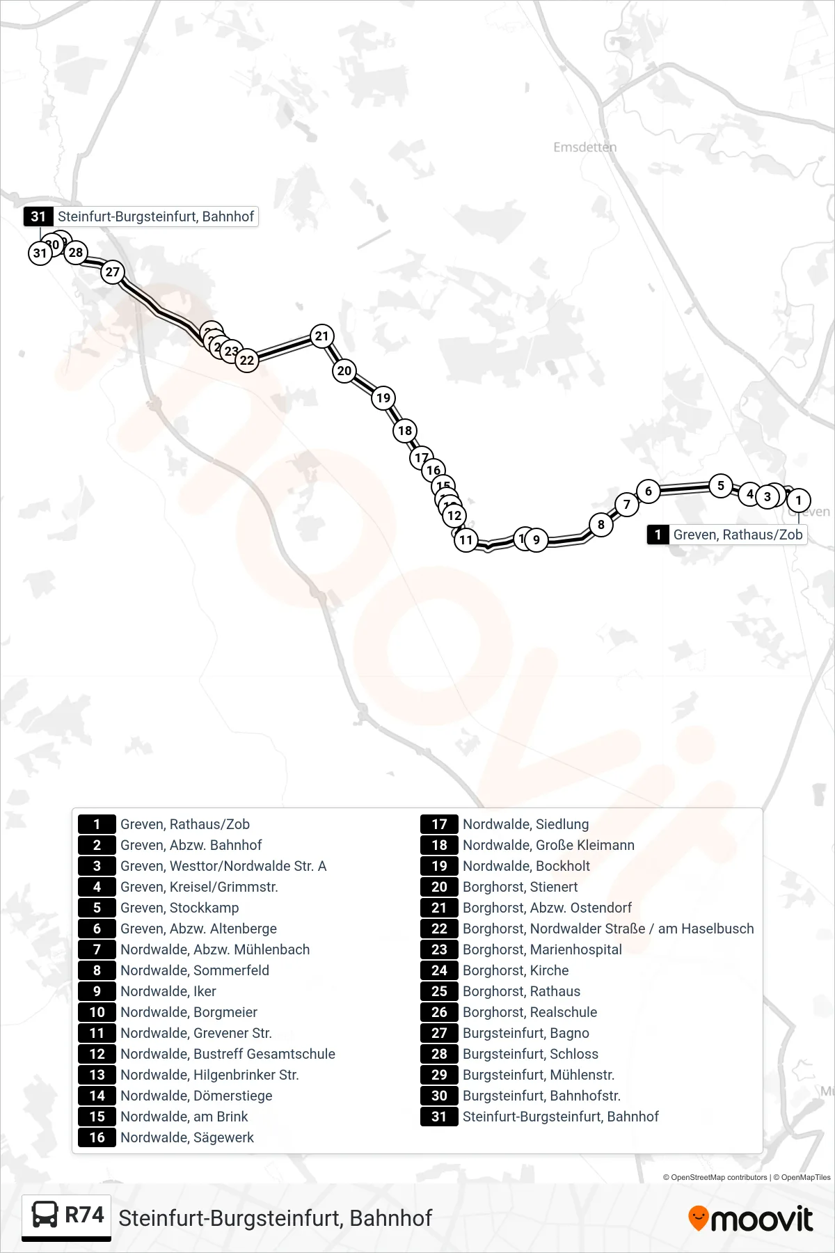 R74 bus Line (Steinfurt-Burgsteinfurt, Bahnhof) route and stops on a map