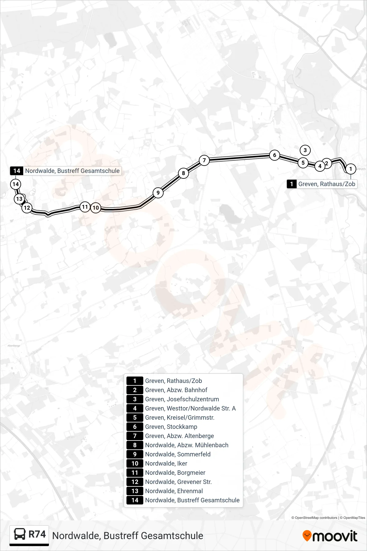 Linie R74 (Bus) Richtung Nordwalde, Bustreff Gesamtschule: Route und Haltestellen auf der Karte