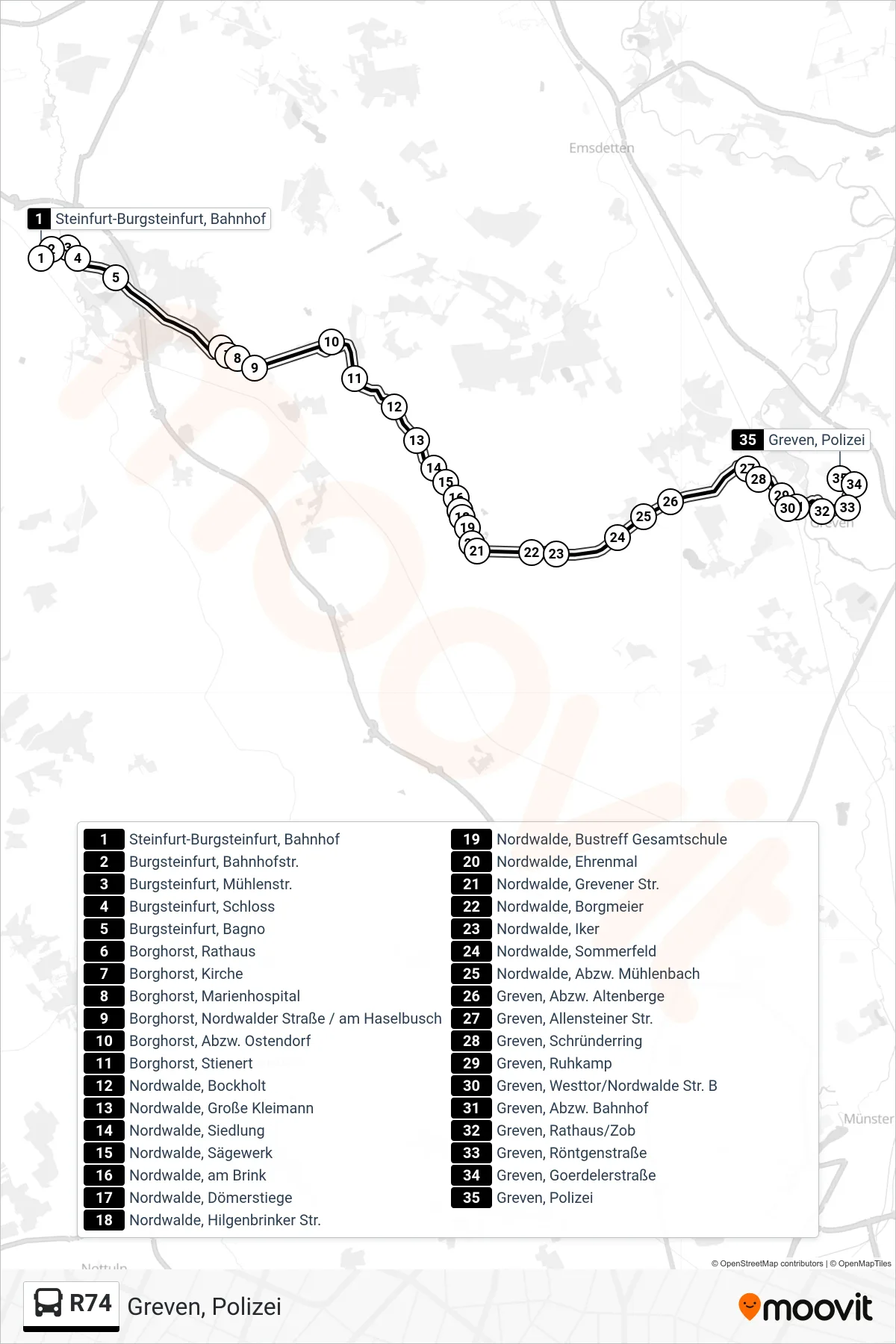 R74 bus Line (Greven, Polizei) route and stops on a map