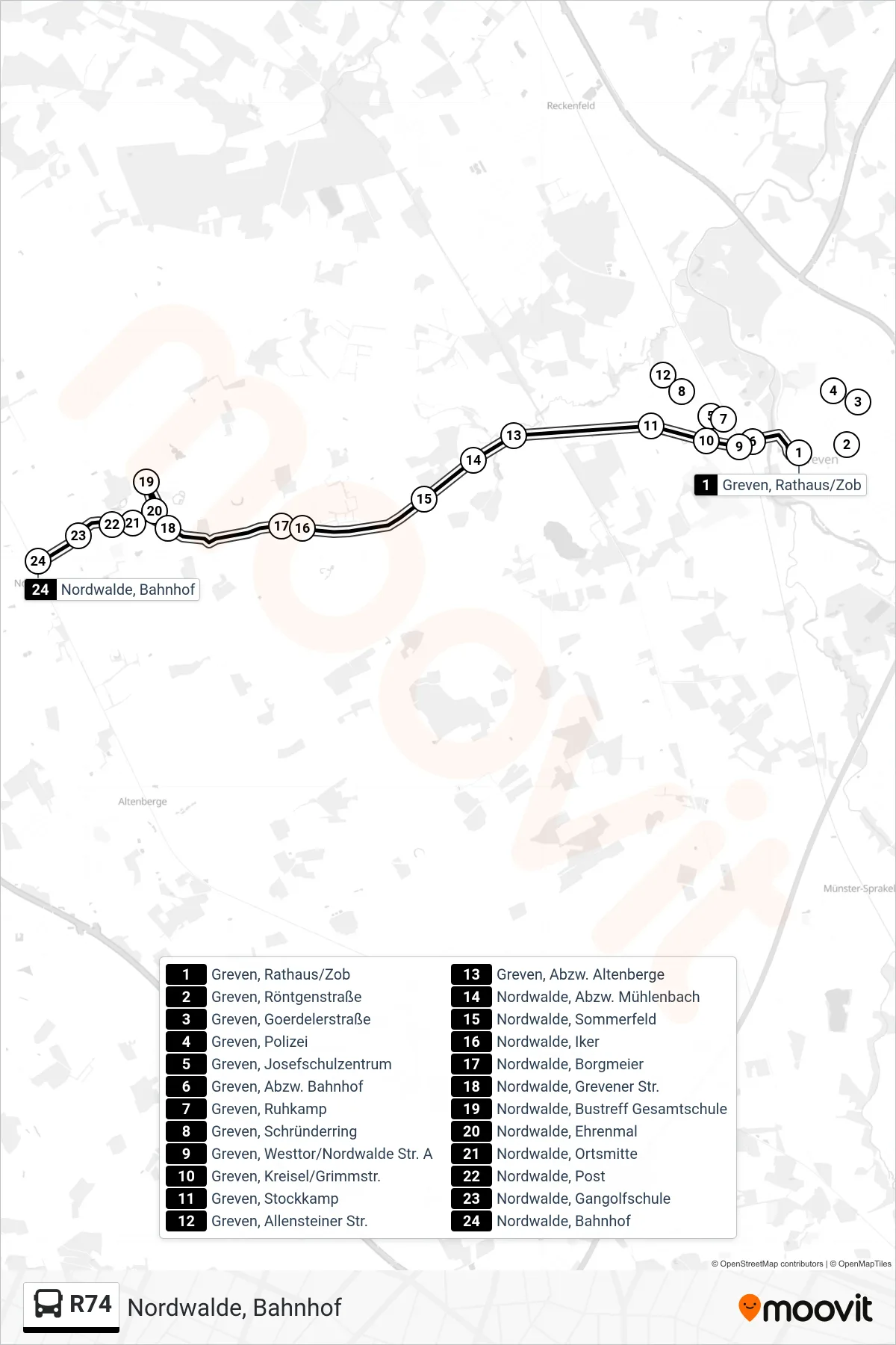 Linie R74 (Bus) Richtung Nordwalde, Bahnhof: Route und Haltestellen auf der Karte