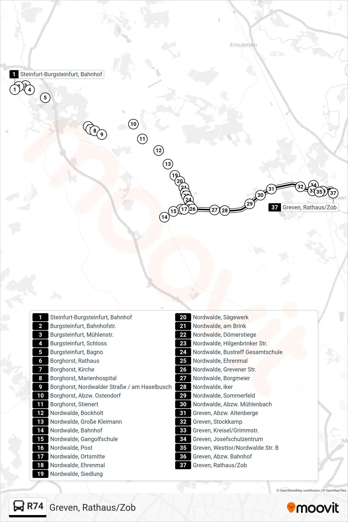 Linie R74 (Bus) Richtung Greven, Rathaus/Zob: Route und Haltestellen auf der Karte