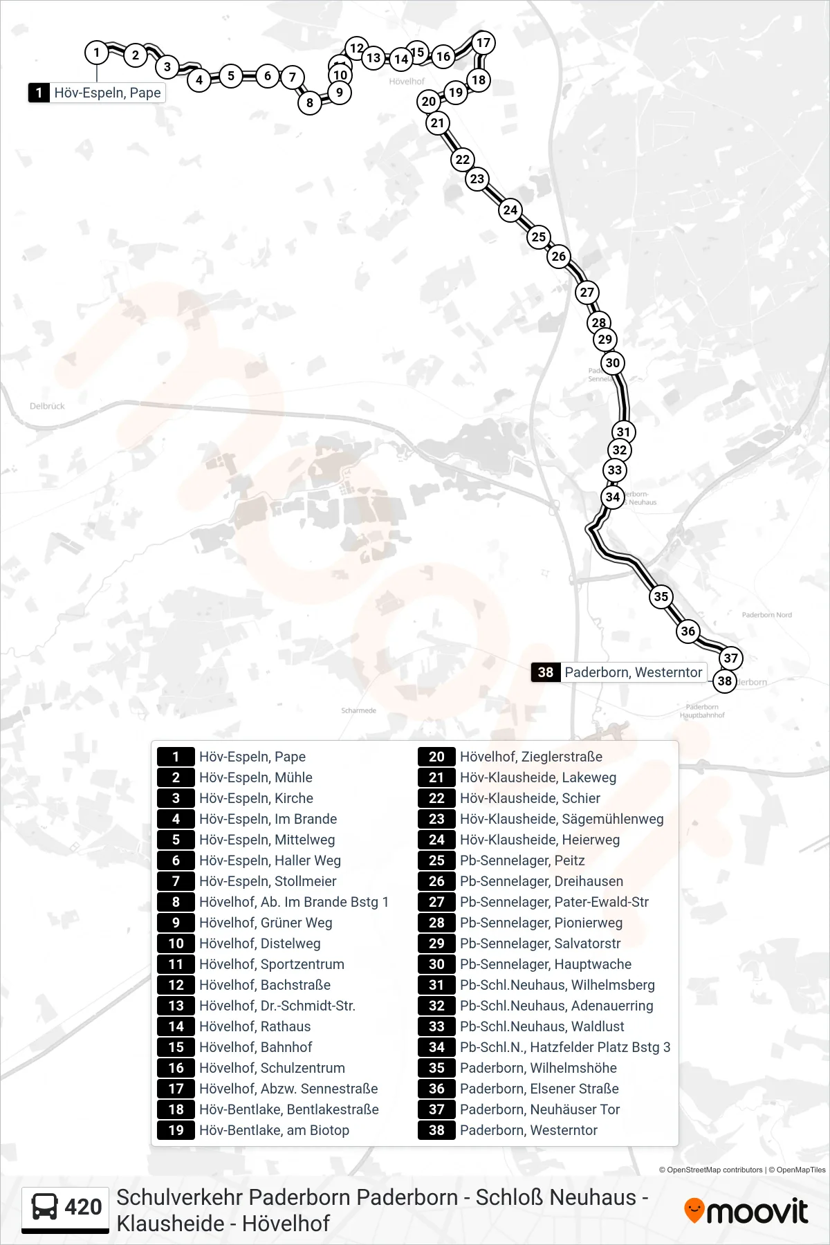 Linie 420 (Bus) Richtung Paderborn, Westerntor Steig D (Kirche): Route und Haltestellen auf der Karte