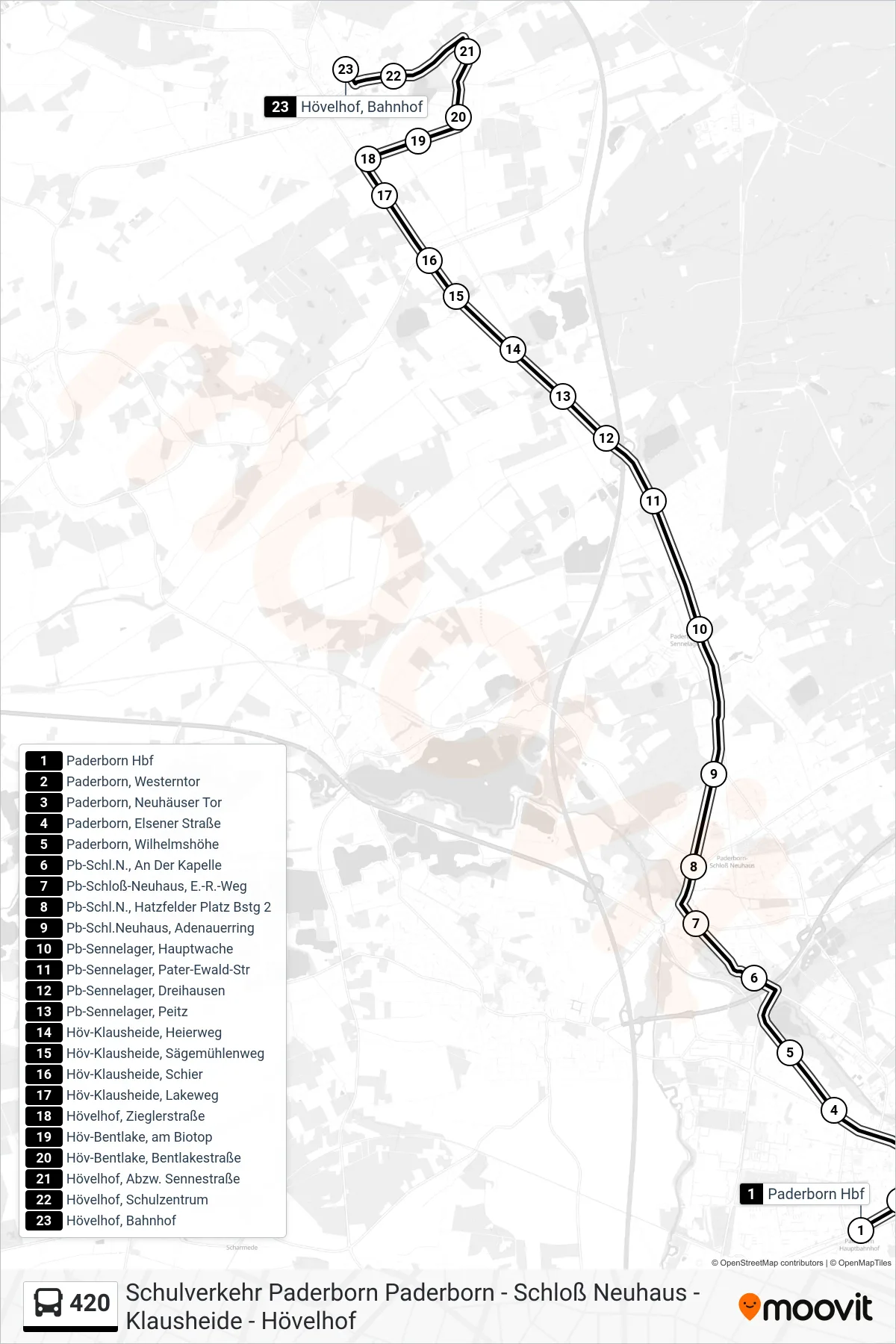 420 bus Line (Hövelhof, Bahnhof) route and stops on a map