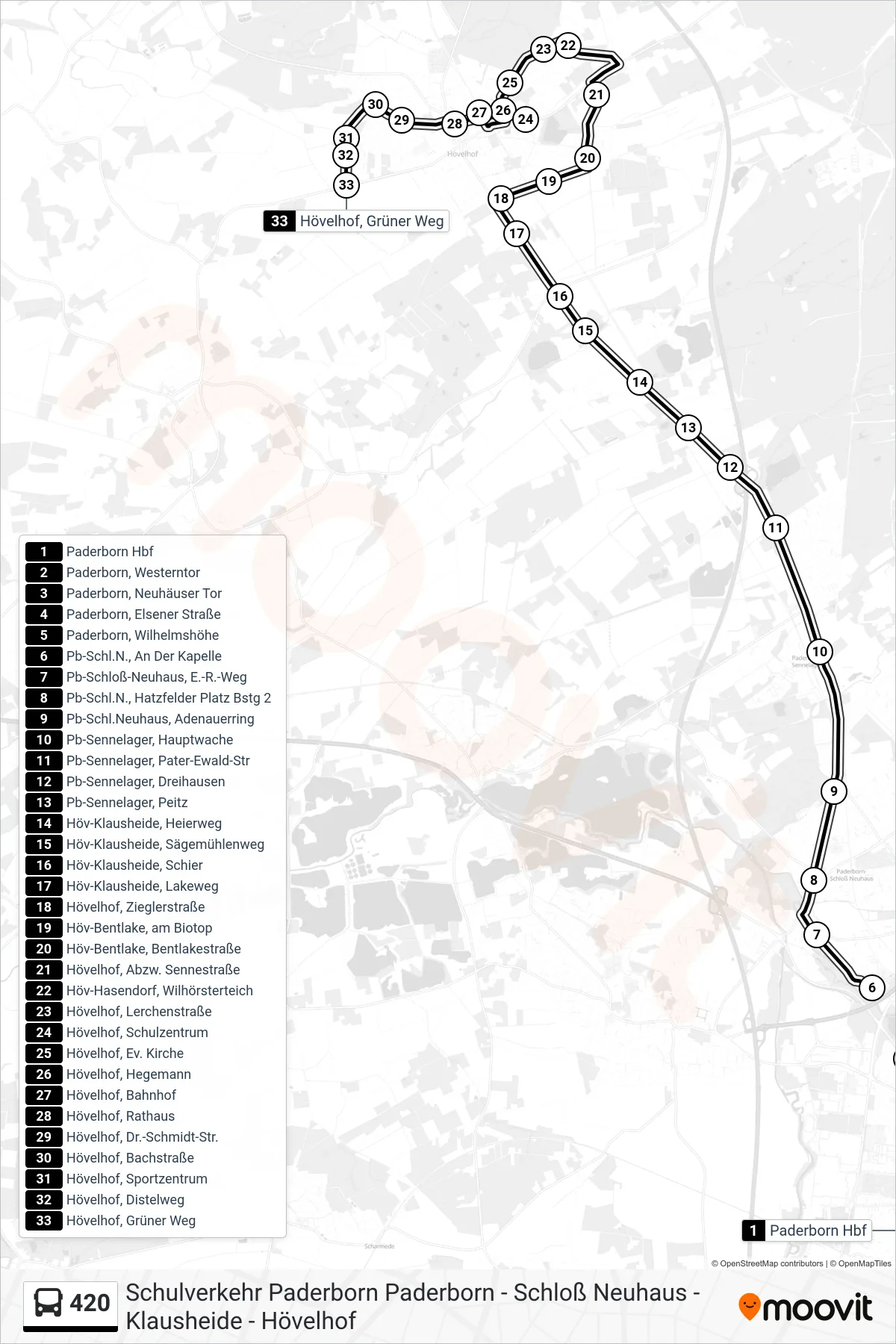 Linie 420 (Bus) Richtung Hövelhof, Grüner Weg: Route und Haltestellen auf der Karte