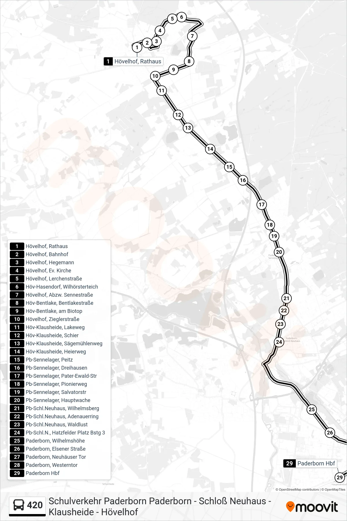 Linie 420 (Bus) Richtung Paderborn Hbf Bstg B: Route und Haltestellen auf der Karte