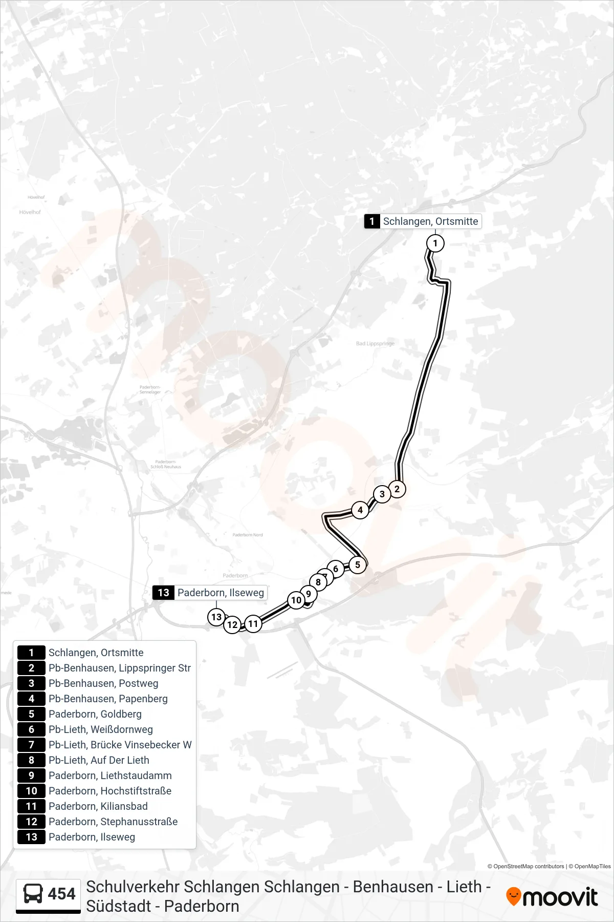 Linie 454 (Bus) Richtung Paderborn, Ilseweg: Route und Haltestellen auf der Karte