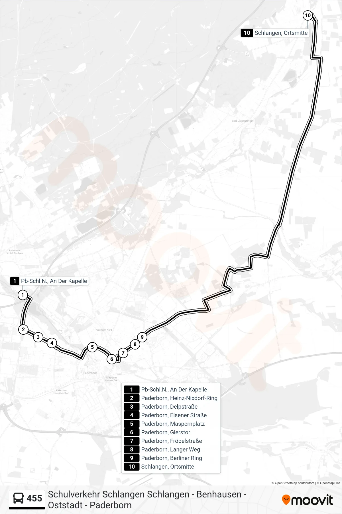 Linie 455 (Bus) Richtung Schlangen, Ortsmitte: Route und Haltestellen auf der Karte