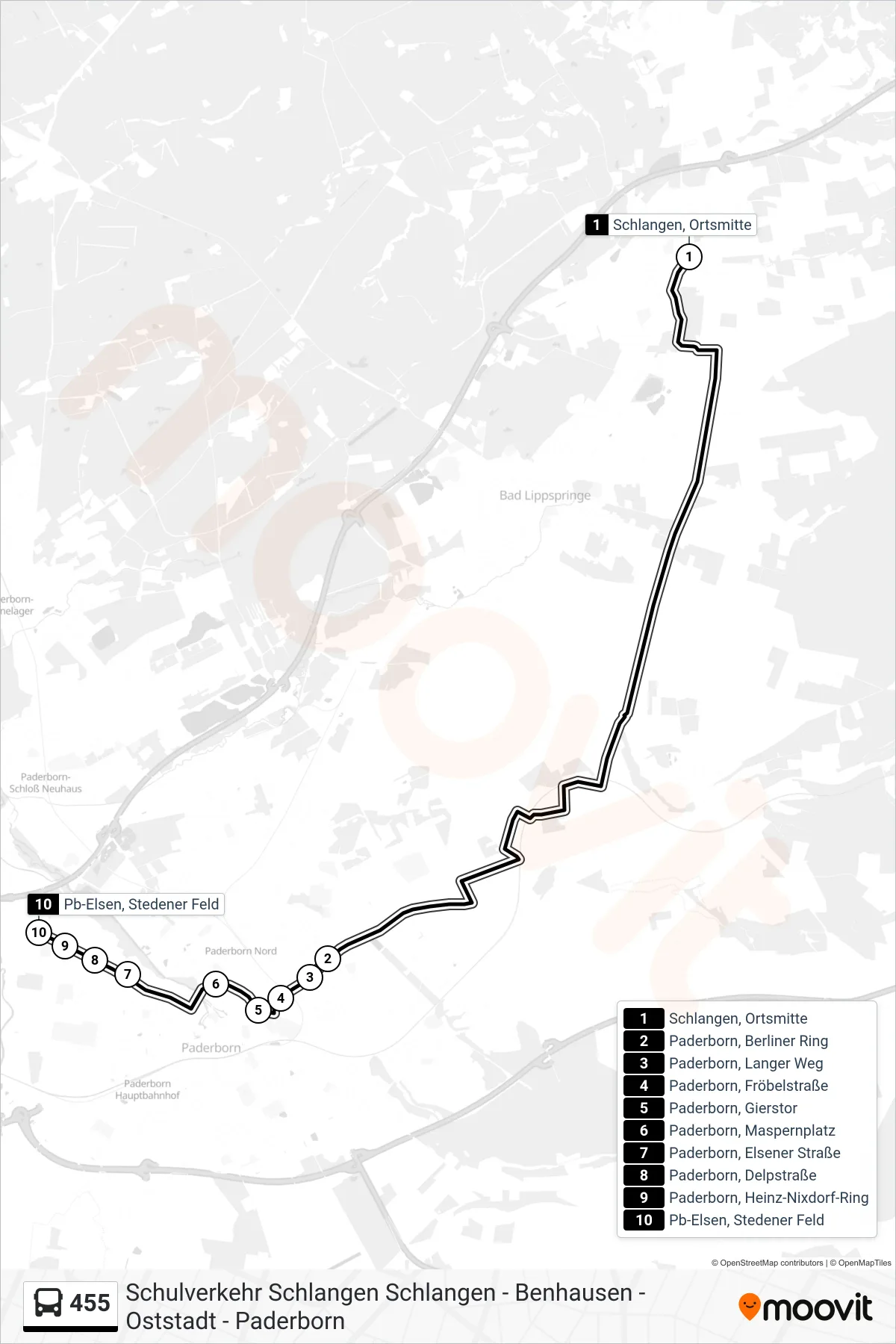 455 bus Line (Pb-Elsen, Stedener Feld) route and stops on a map