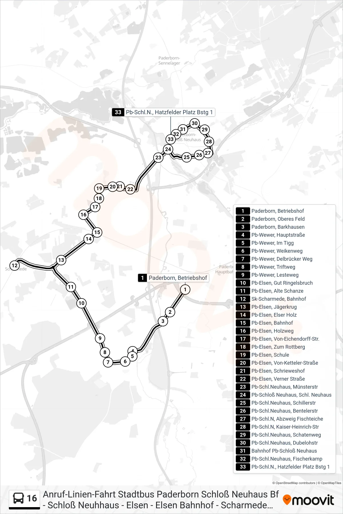 Linie 16 (Bus) Richtung Pb-Schl.N., Hatzfelder Platz Bstg 1: Route und Haltestellen auf der Karte