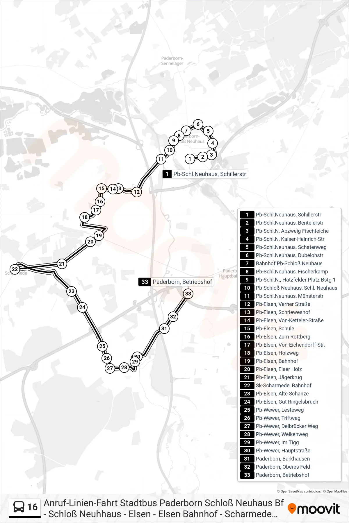 Linie 16 (Bus) Richtung Paderborn, Betriebshof: Route und Haltestellen auf der Karte
