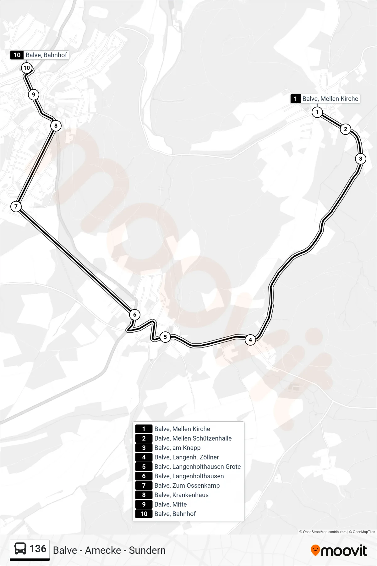 136 bus Line (Balve Bf) route and stops on a map