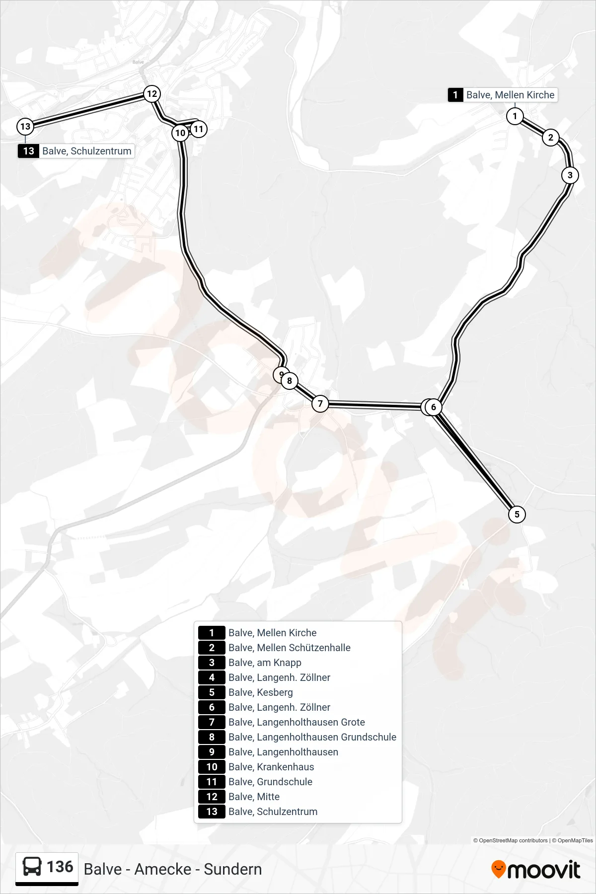 136 bus Line (Balve Schulz.) route and stops on a map