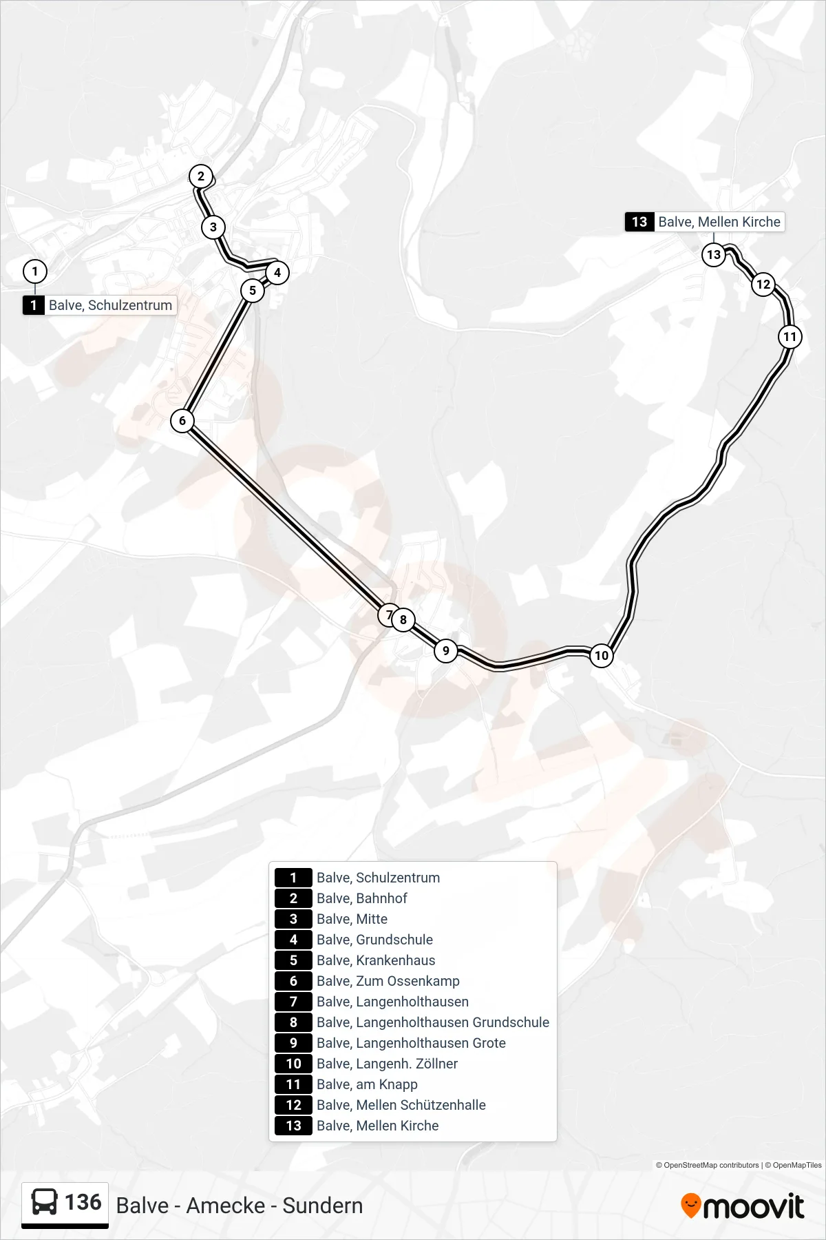 136 bus Line (Mellen) route and stops on a map