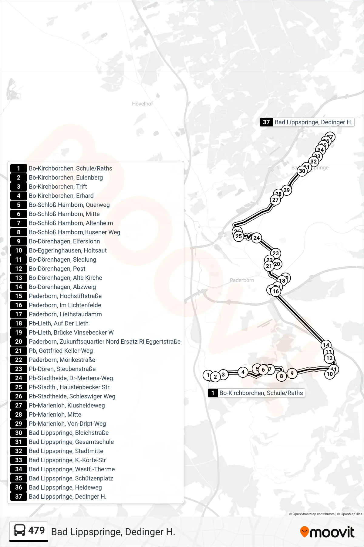 479 bus Line (Bad Lippspringe, Dedinger H.) route and stops on a map
