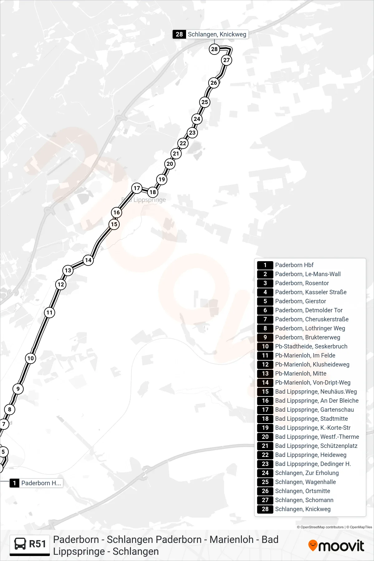 R51 bus Line (Schlangen, Knickweg) route and stops on a map