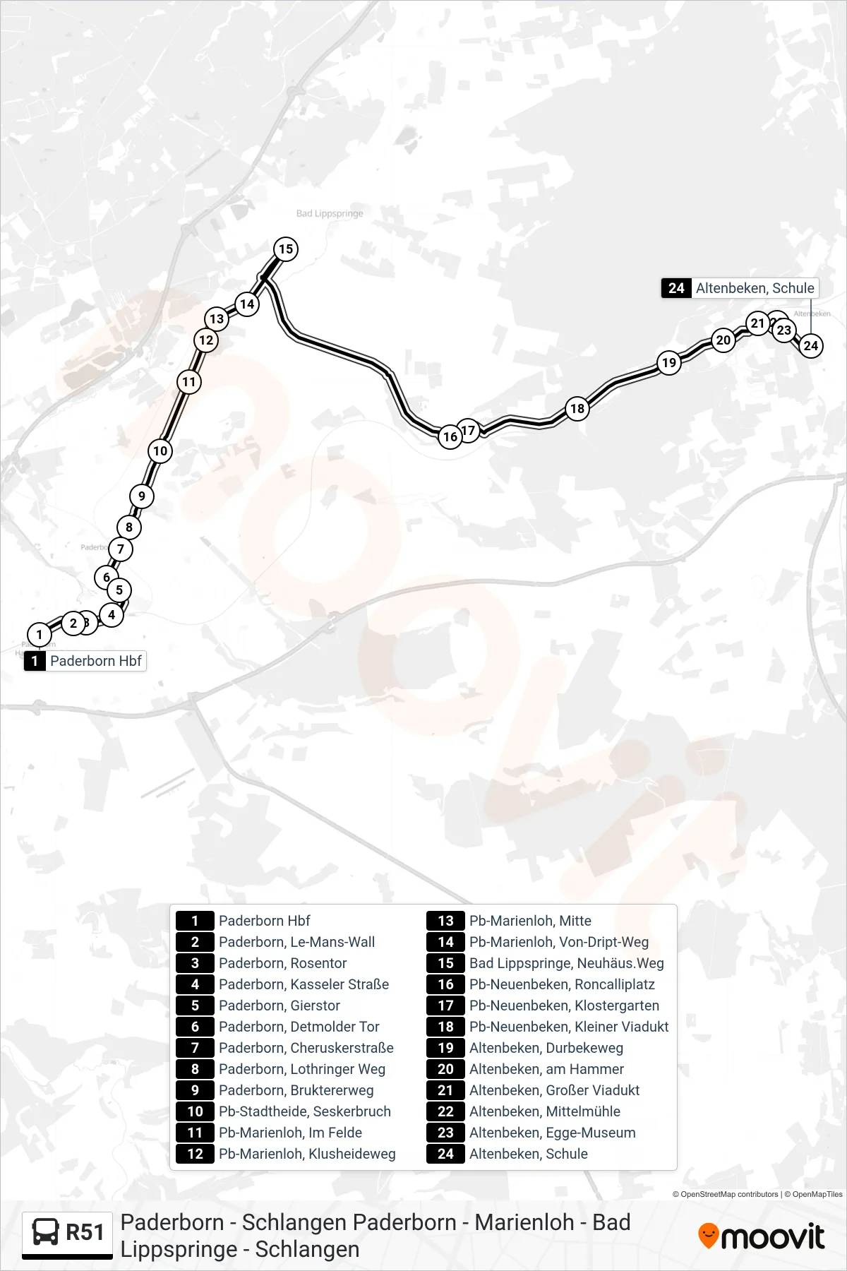 R51 bus Line (Altenbeken, Schule) route and stops on a map