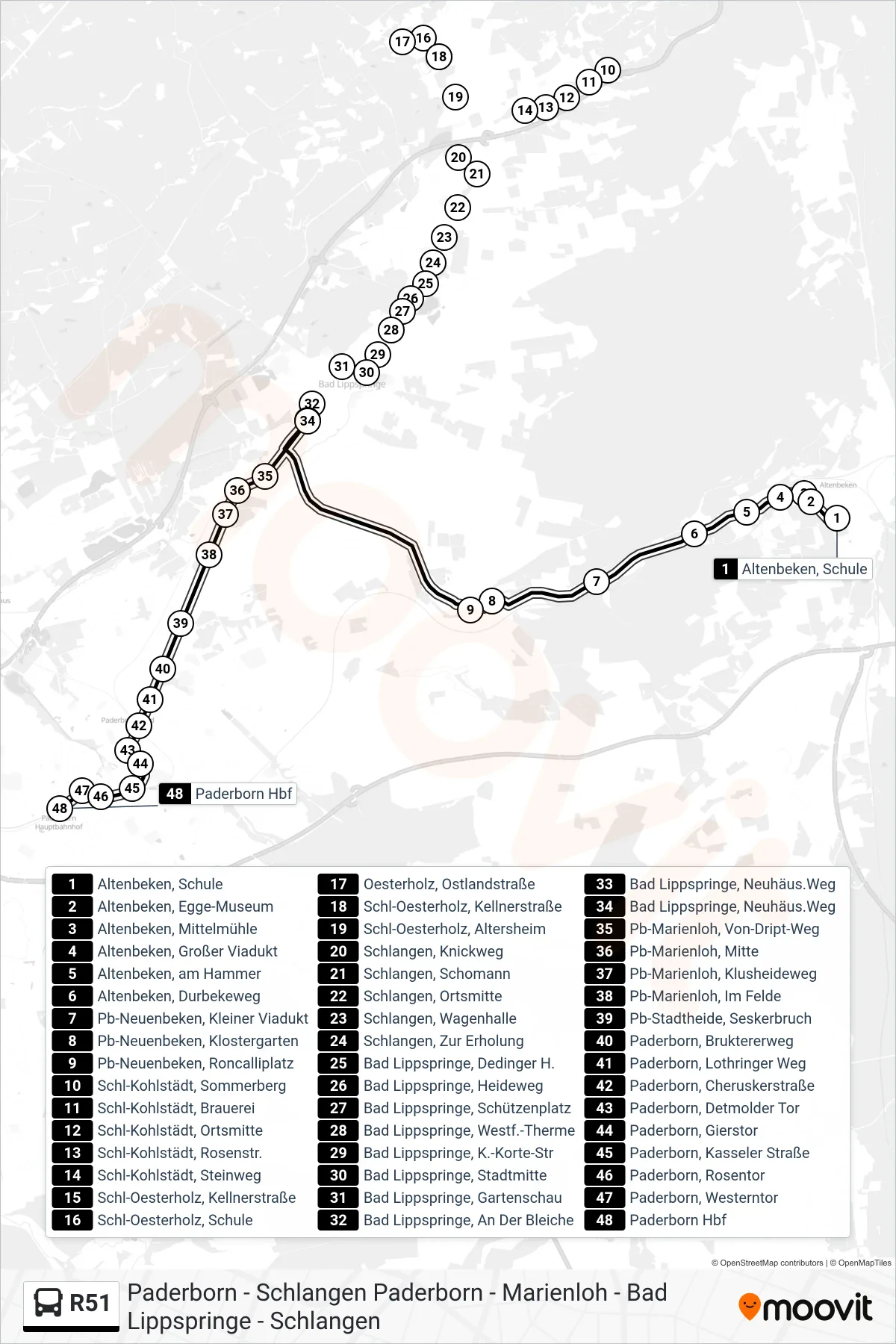 R51 bus Line (Paderborn Hbf Bstg B) route and stops on a map