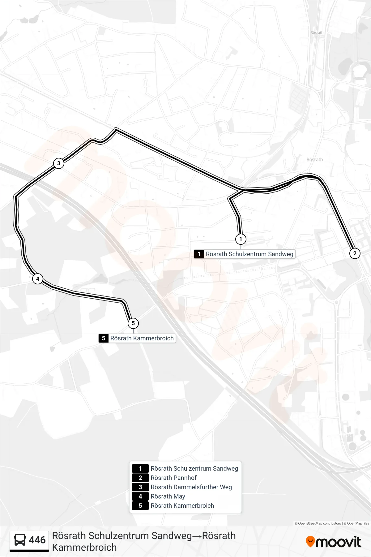 Linie 446 (Bus) Richtung Rösrath Schulzentrum Sandweg‎→Rösrath Kammerbroich: Route und Haltestellen auf der Karte