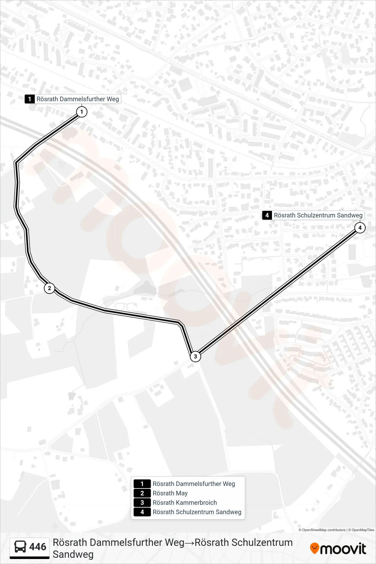 Linie 446 (Bus) Richtung Rösrath Dammelsfurther Weg→Rösrath Schulzentrum Sandweg: Route und Haltestellen auf der Karte