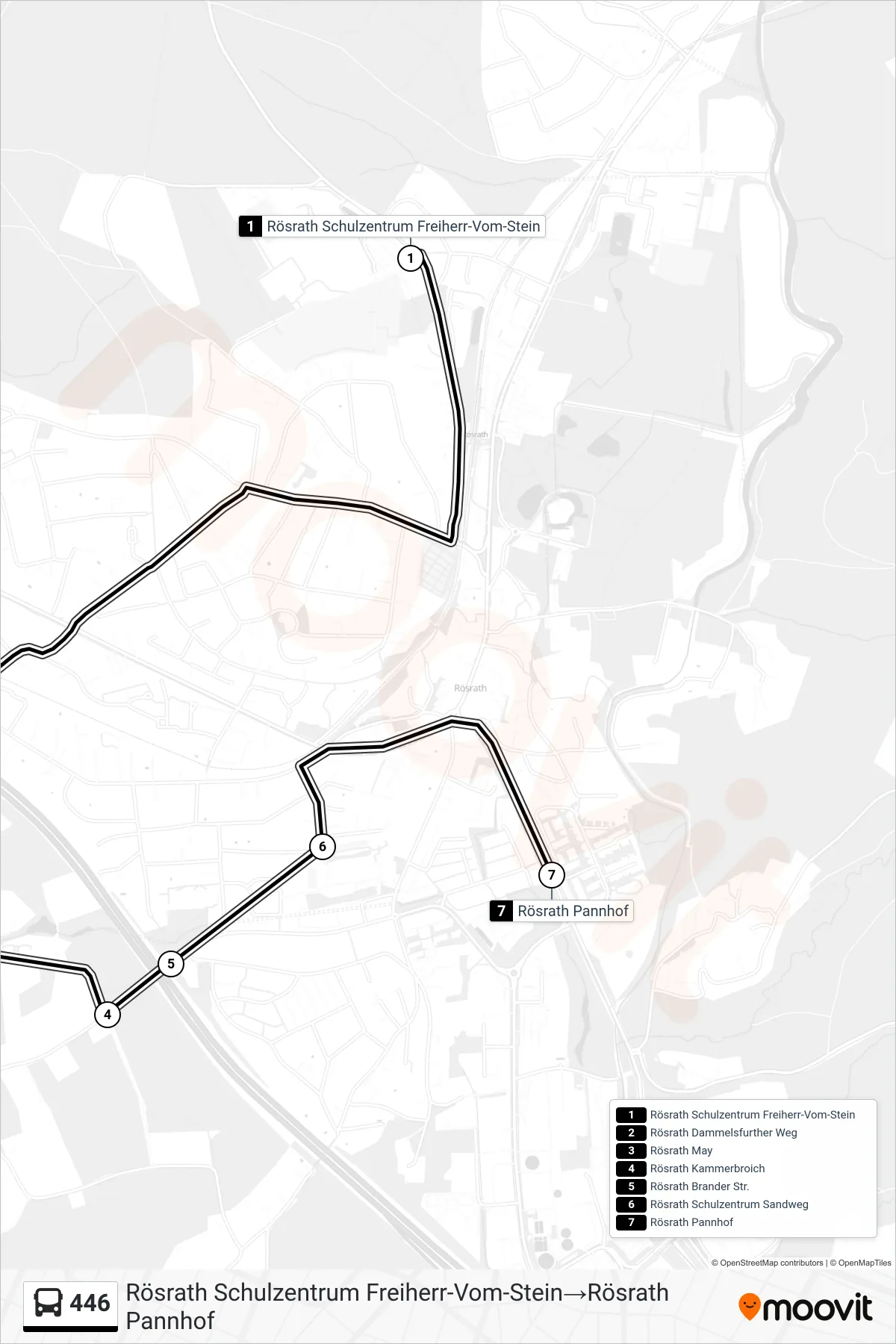 Linie 446 (Bus) Richtung Rösrath Schulzentrum Freiherr-Vom-Stein→Rösrath Pannhof: Route und Haltestellen auf der Karte