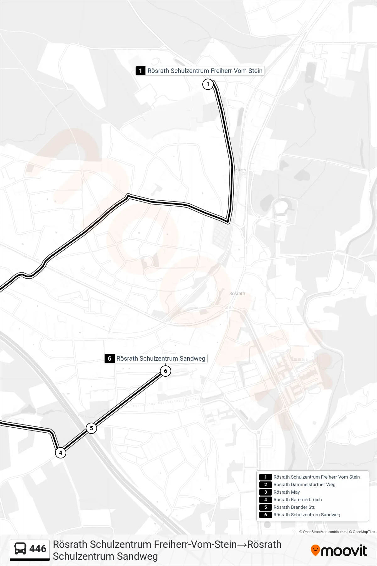 Linie 446 (Bus) Richtung Rösrath Schulzentrum Freiherr-Vom-Stein‎→Rösrath Schulzentrum Sandweg: Route und Haltestellen auf der Karte
