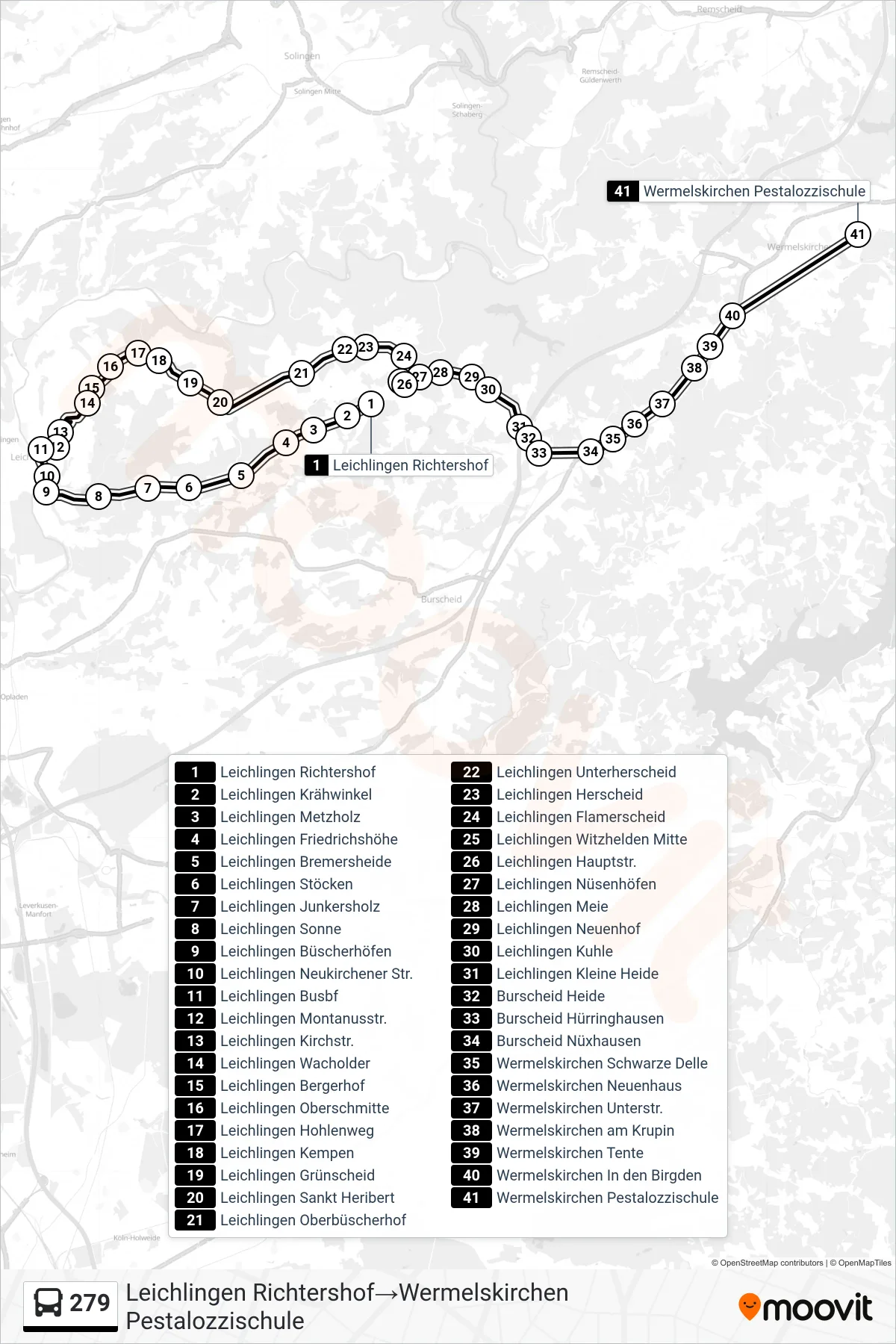 Linie 279 (Bus) Richtung Leichlingen Richtershof→Wermelskirchen Pestalozzischule: Route und Haltestellen auf der Karte