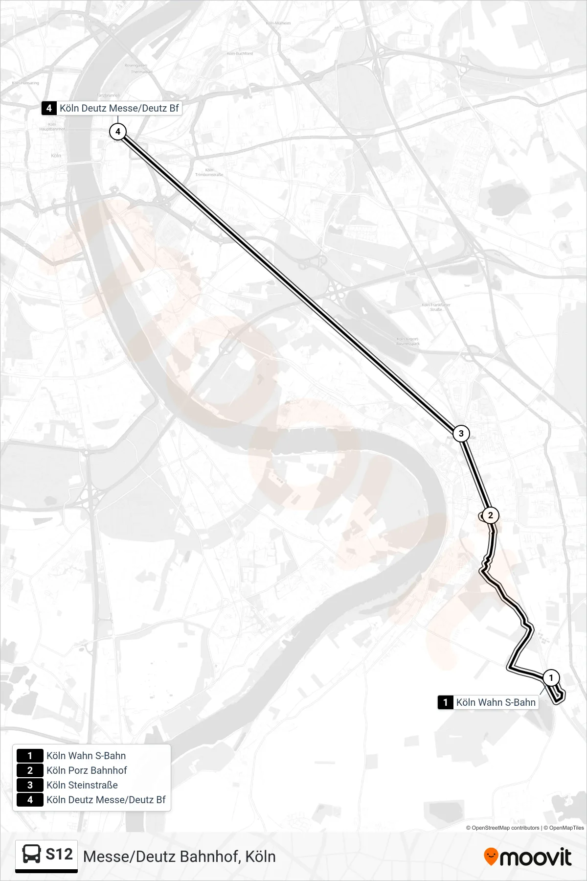 Linie S12 (Bus) Richtung Messe/Deutz Bahnhof, Köln: Route und Haltestellen auf der Karte