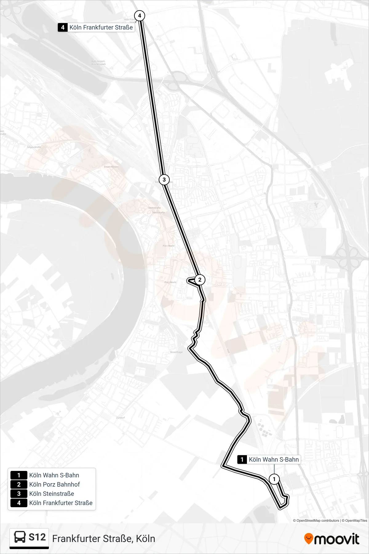 Linie S12 (Bus) Richtung Frankfurter Straße, Köln: Route und Haltestellen auf der Karte