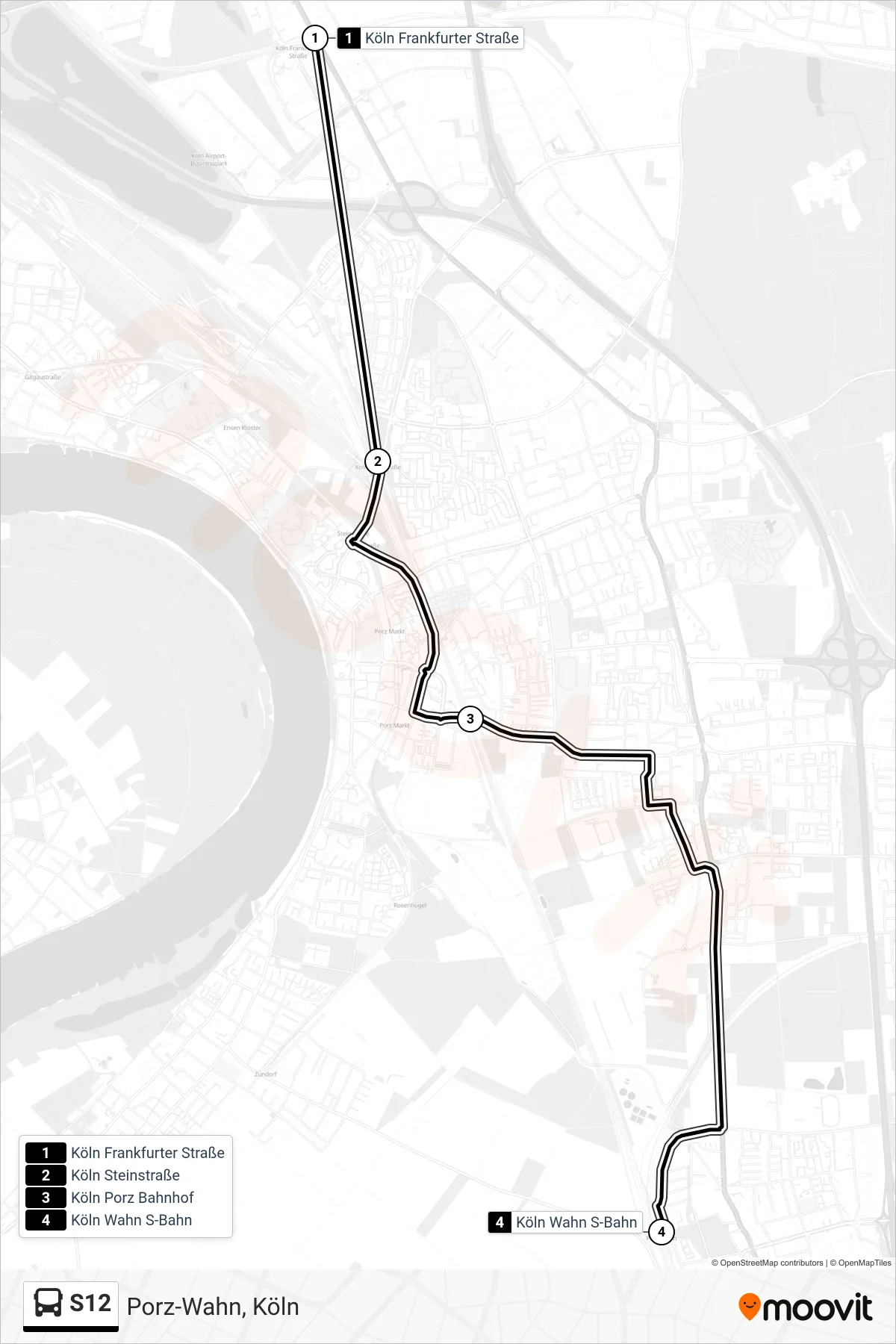 Linie S12 (Bus) Richtung Porz-Wahn, Köln: Route und Haltestellen auf der Karte