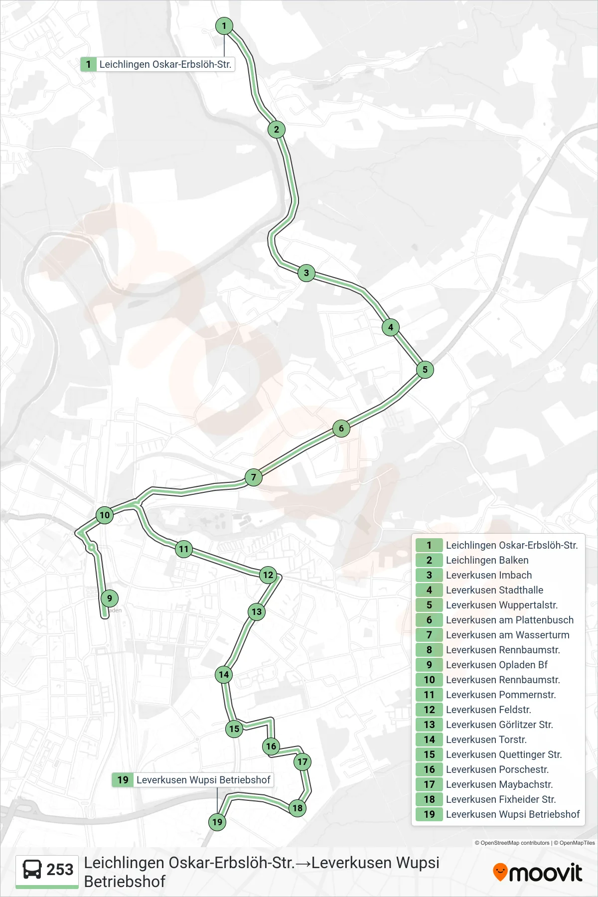 253 bus Line (Leichlingen Oskar-Erbslöh-Str.‎→Leverkusen Wupsi Betriebshof) route and stops on a map