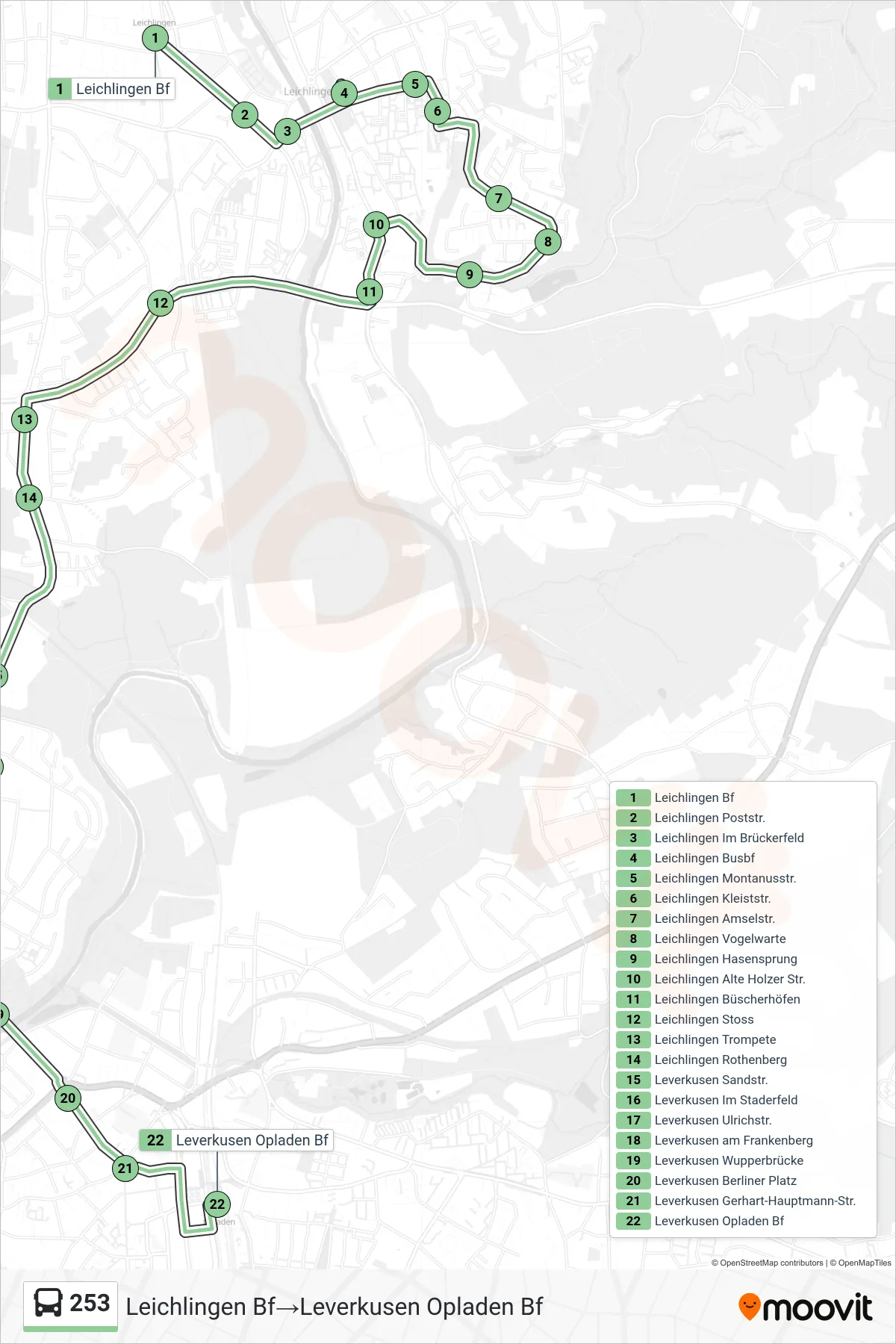 Linie 253 (Bus) Richtung Leichlingen Bf→Leverkusen Opladen Bf: Route und Haltestellen auf der Karte