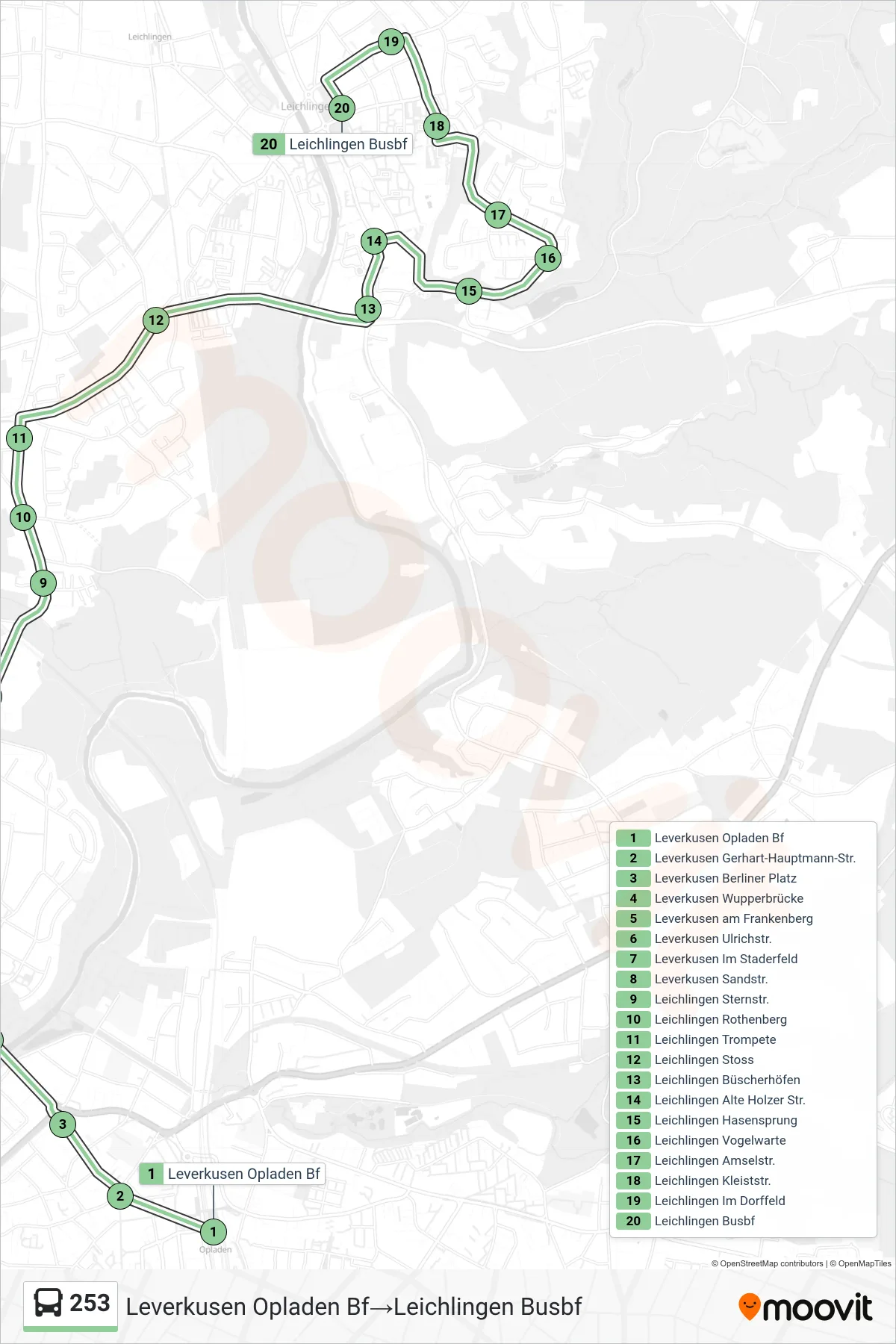 253 bus Line (Leverkusen Opladen Bf‎→Leichlingen Busbf) route and stops on a map