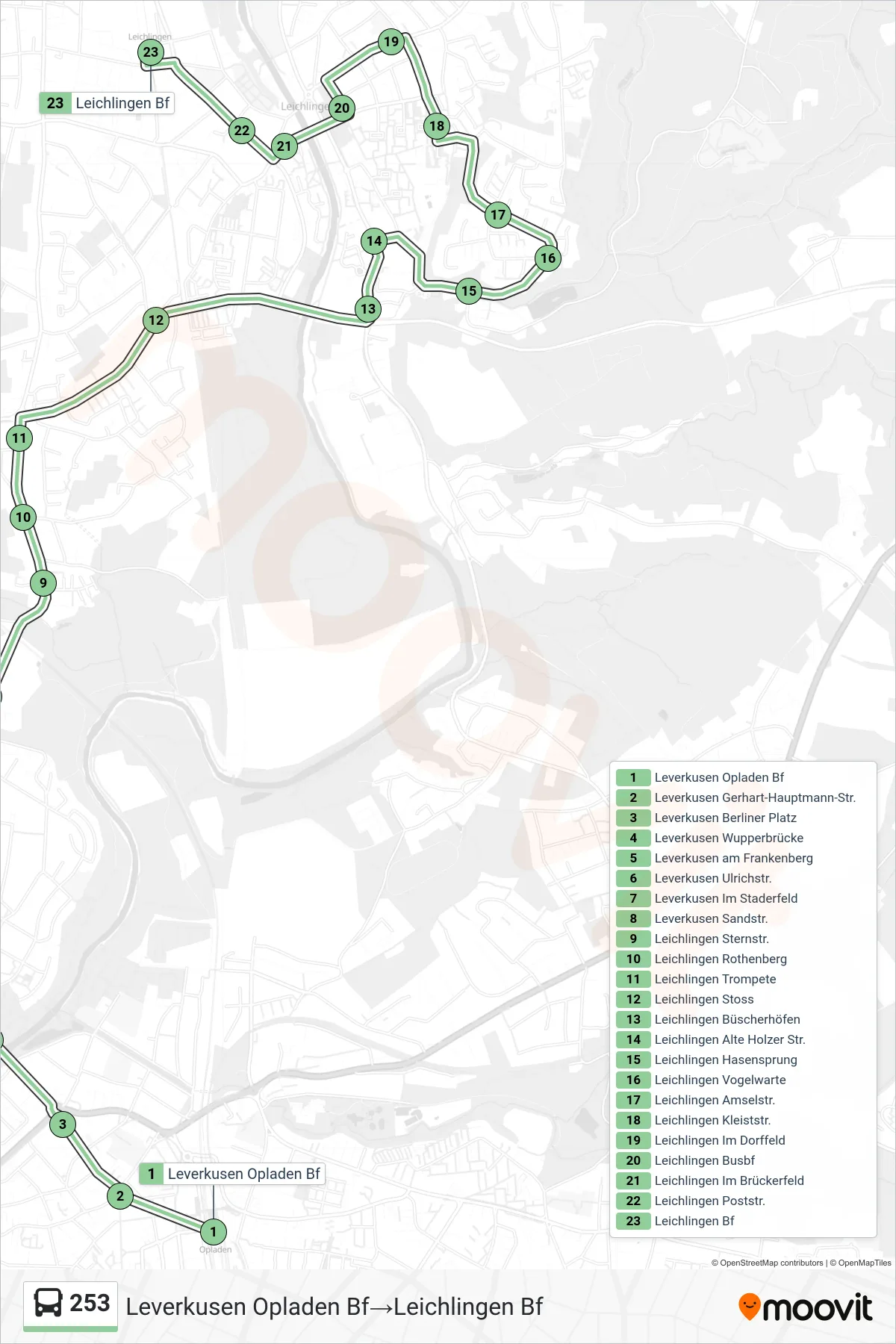 Linie 253 (Bus) Richtung Leverkusen Opladen Bf→Leichlingen Bf: Route und Haltestellen auf der Karte