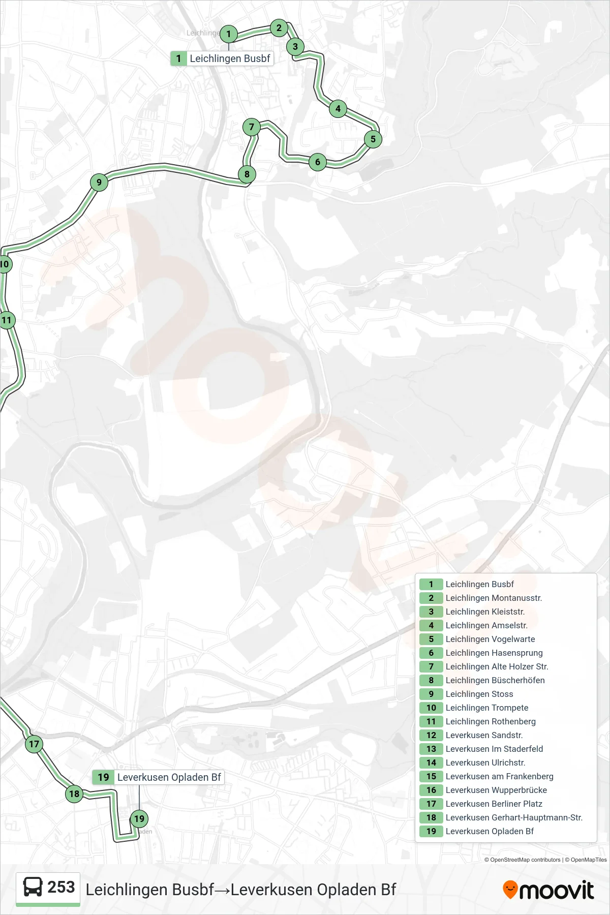Linie 253 (Bus) Richtung Leichlingen Busbf→Leverkusen Opladen Bf: Route und Haltestellen auf der Karte