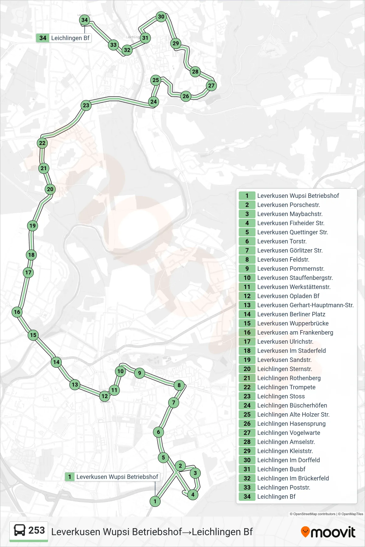 Linie 253 (Bus) Richtung Leverkusen Wupsi Betriebshof→Leichlingen Bf: Route und Haltestellen auf der Karte