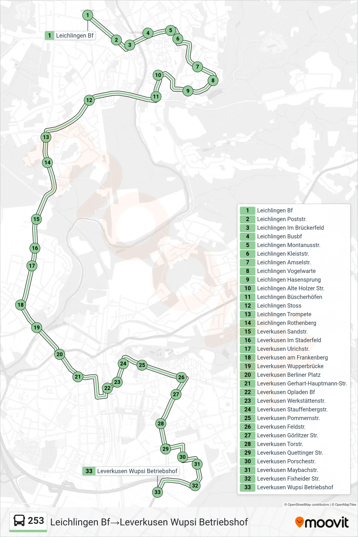 Linie 253 (Bus) Richtung Leichlingen Bf→Leverkusen Wupsi Betriebshof: Route und Haltestellen auf der Karte