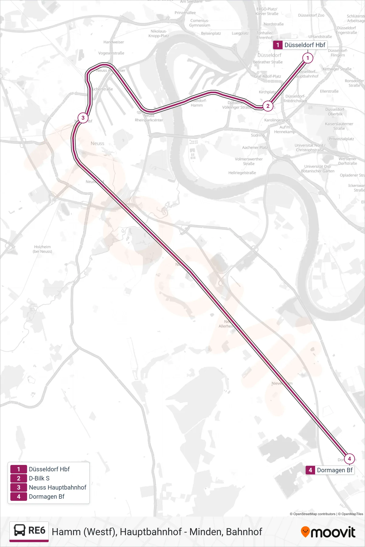 RE6 bus Line (Dormagen Bf) route and stops on a map