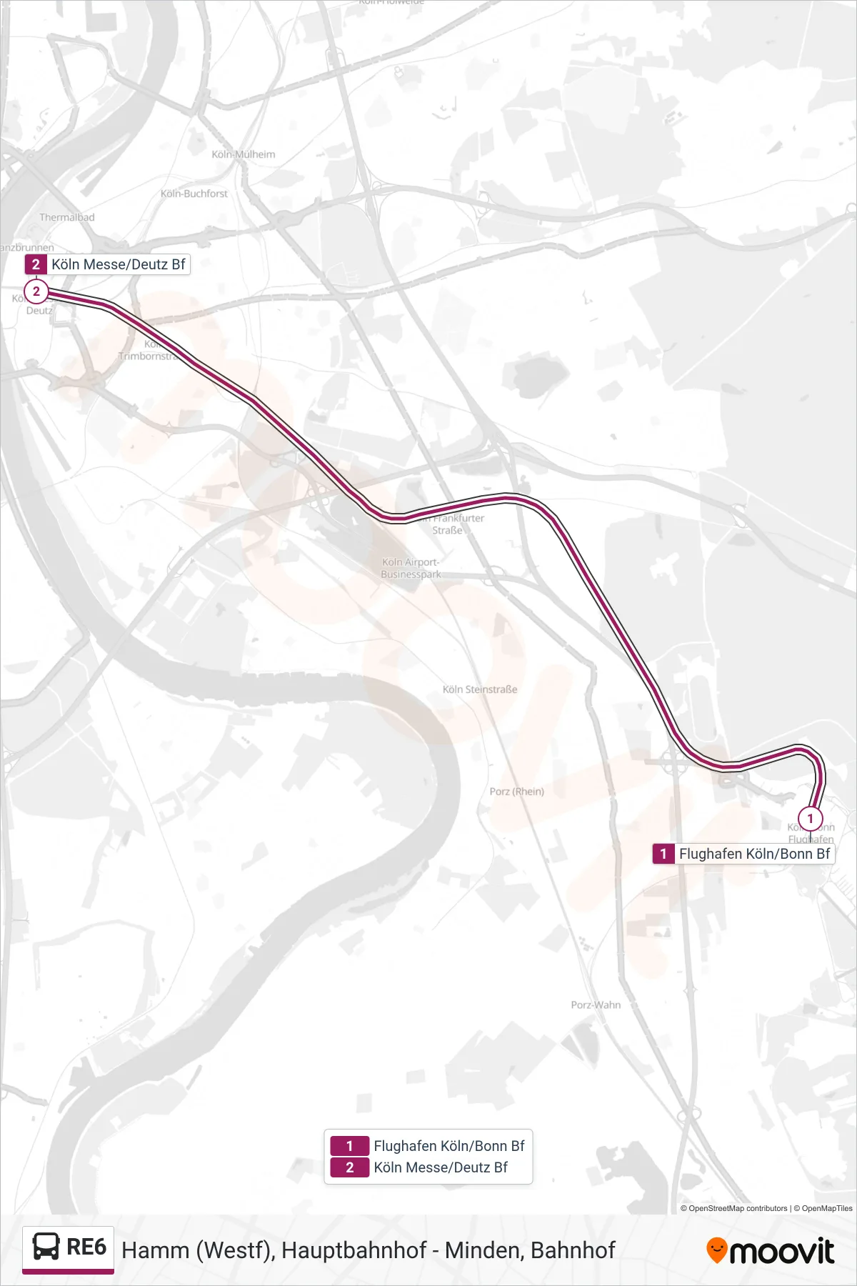 RE6 bus Line (Köln Messe/Deutz Bf) route and stops on a map